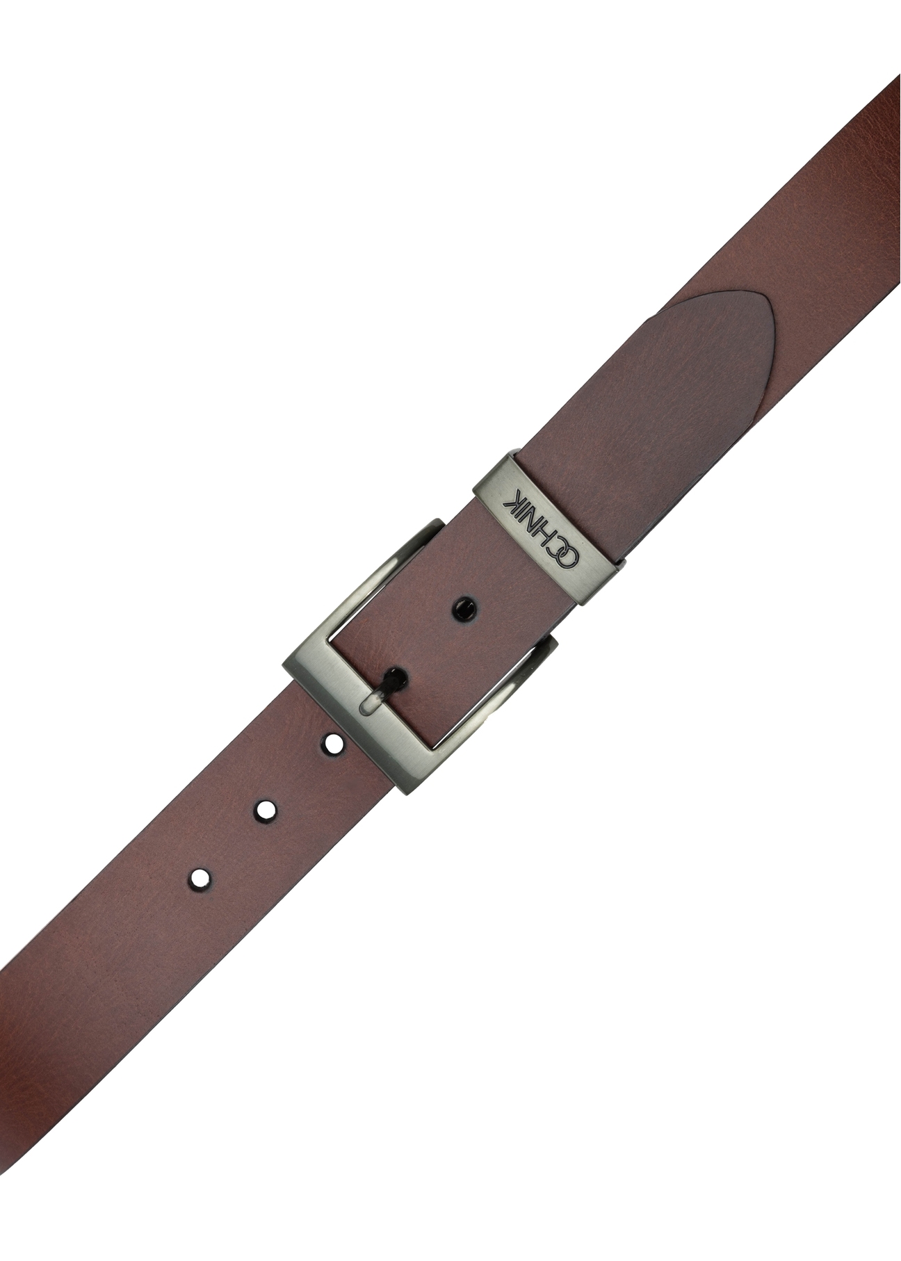 Men's brown leather belt PASMS-0274-89(Z25), view of the buckle of the product on a white background.