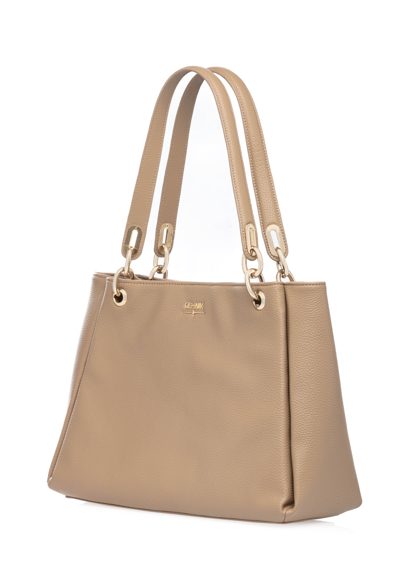 Beige women's imitation leather handbag TOREC-0998-1D(W26), diagonal product view on white background.