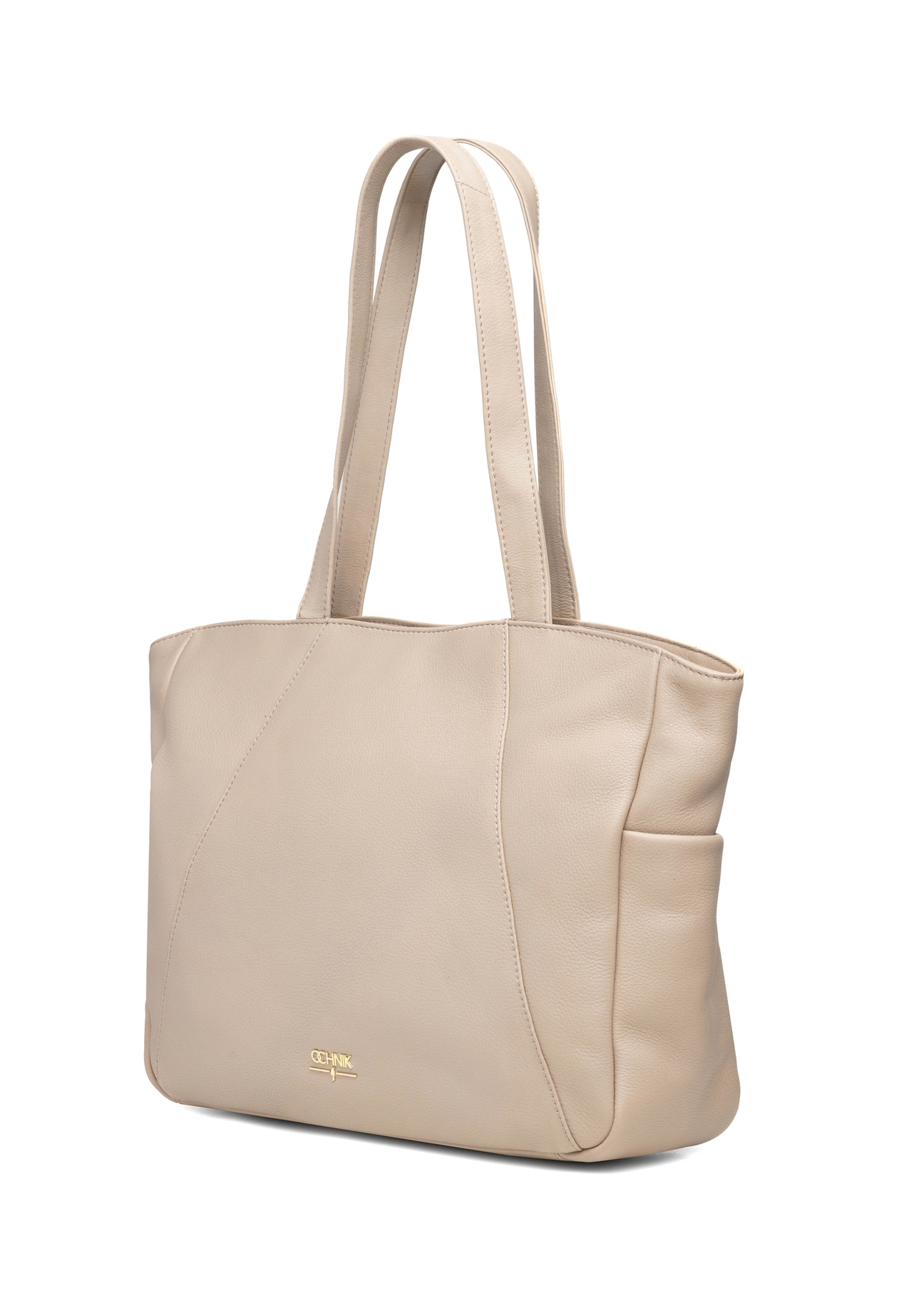 Beige leather women's shopper bag TORES-1255-1A(W26), diagonal product view on white background.