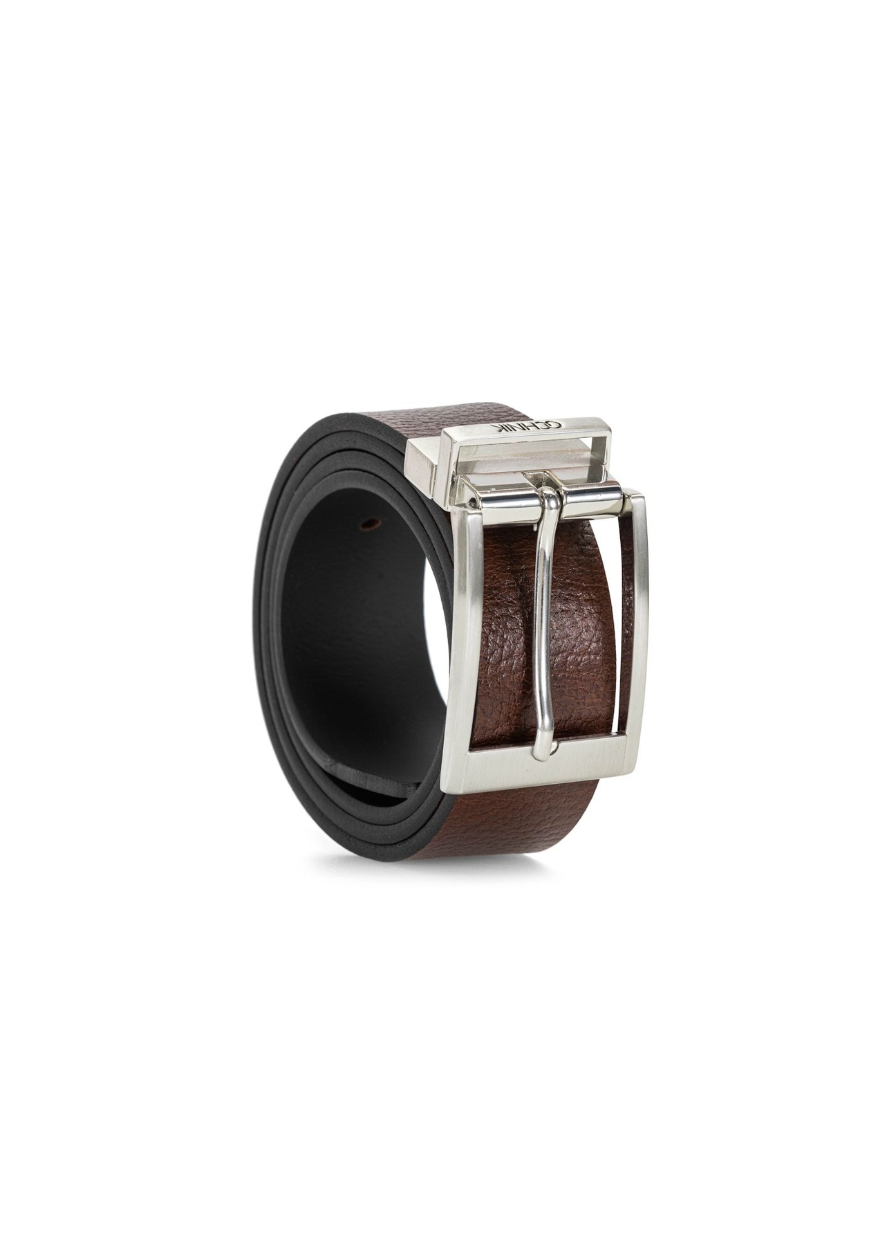 Men's brown leather belt PASMS-0167-9J(W26), diagonal product view on white background.