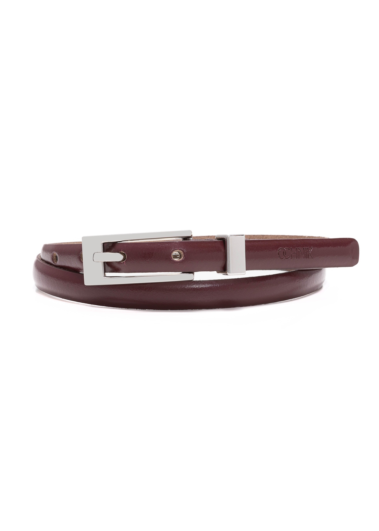 Thin burgundy leather women's belt PASDS-0150C-49(Z25), front product view on white background.