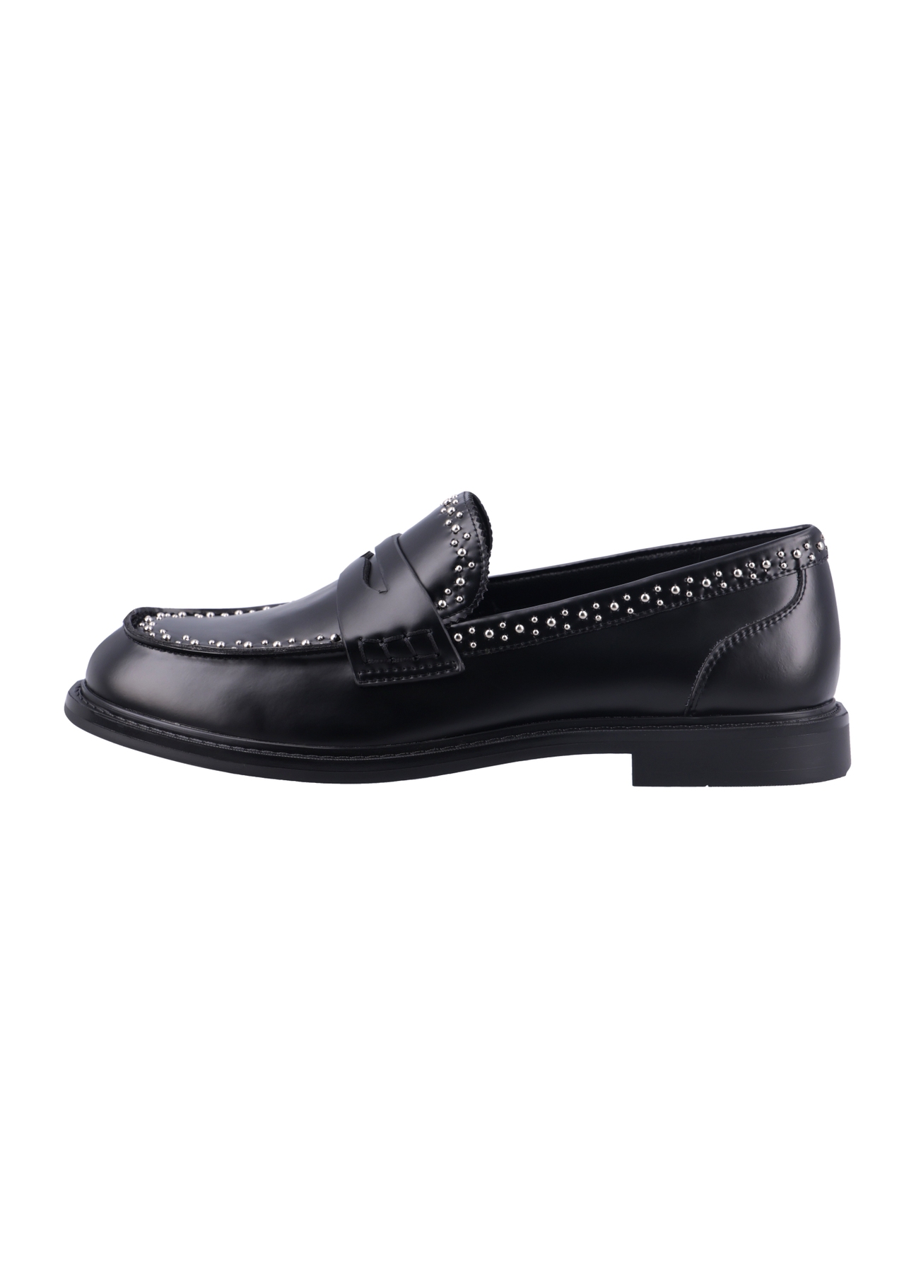 Women's leather moccasins in black BUTYD-1326-9F(Z26), side view of the product on a white background.