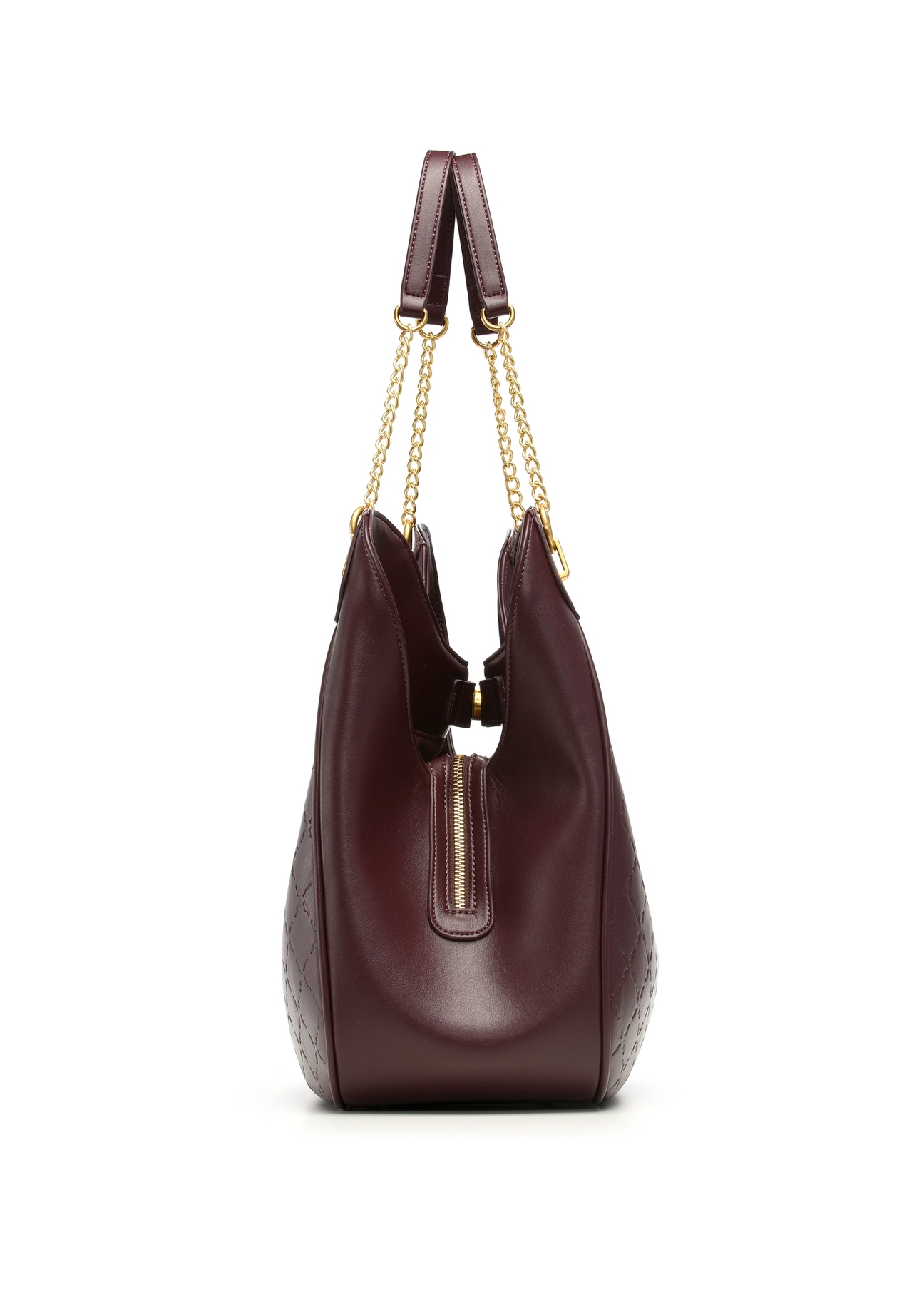Women's burgundy shopper bag with monogram TOREC-1283-4P(Z26), product view from the side on a white background.
