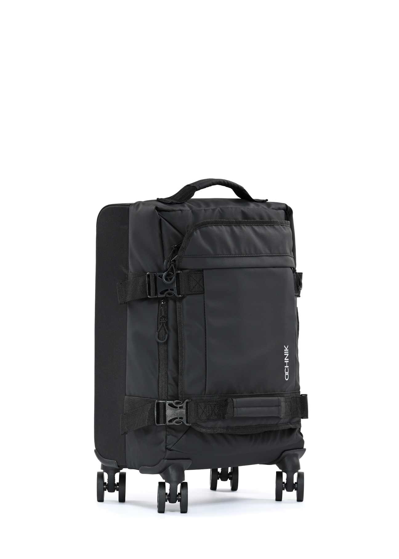 Small suitcase on wheels WALNY-0043-99-19(W25) in black with the logo, diagonal view, on a white background.