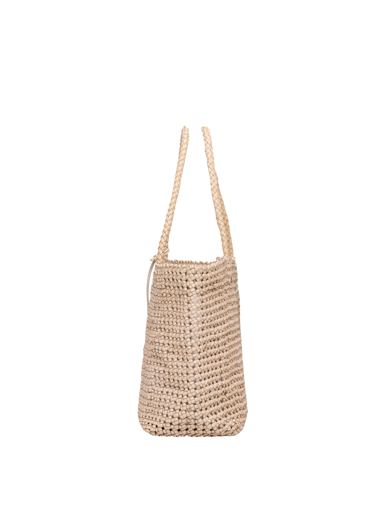 Beige leather woven handbag TORES-1300-0C(W26), side product view on white background.