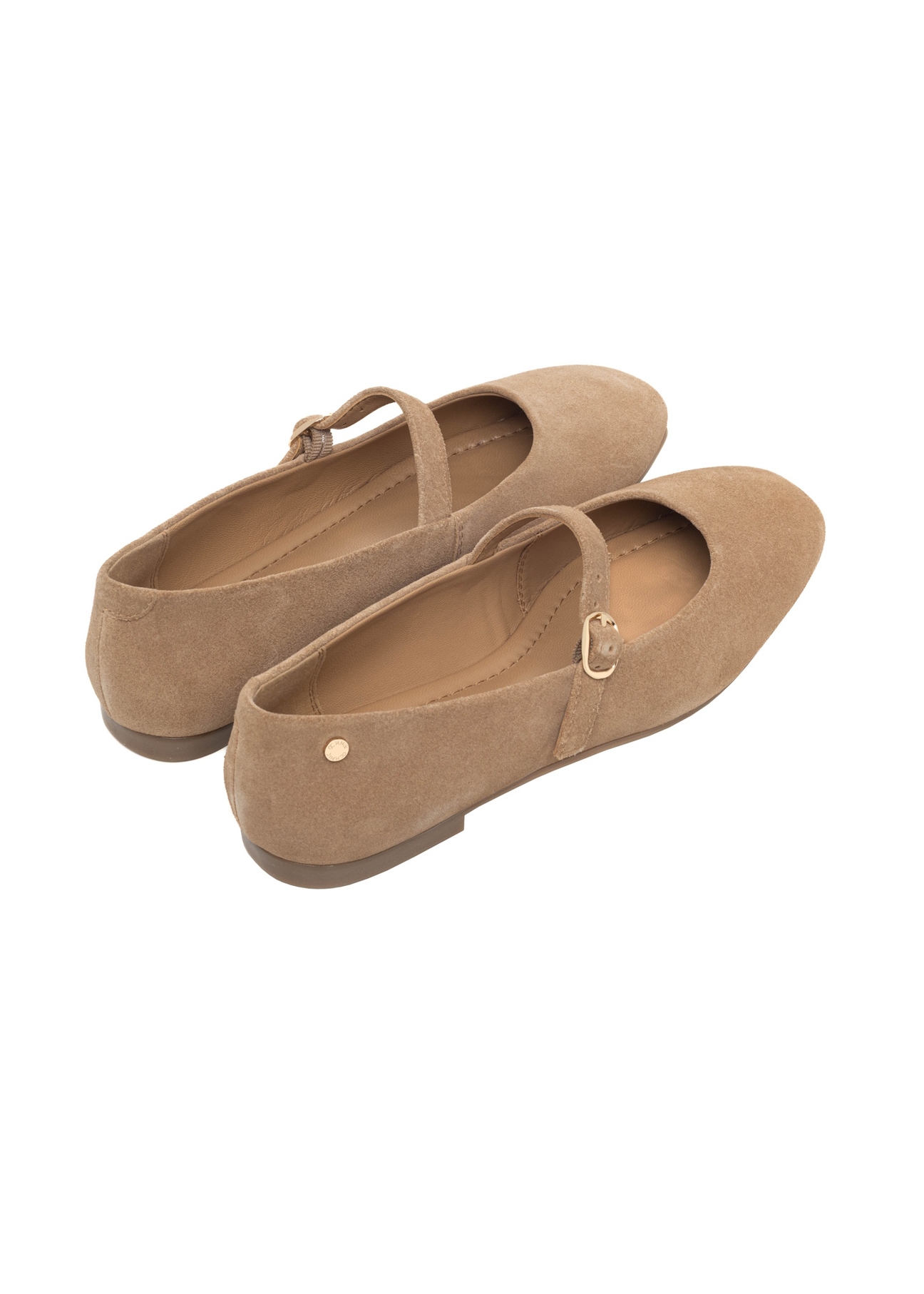 Beige suede ballet flats with belt BUTYD-1145-1B(Z26), back view of the product on a light background.