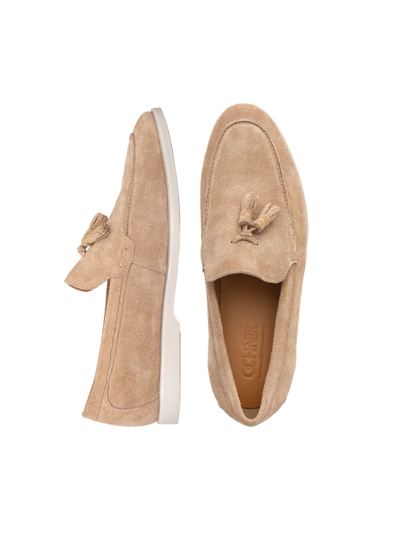 Men's beige suede moccasins BUTYM-0525-1B(W26), top view of the product on a white background.