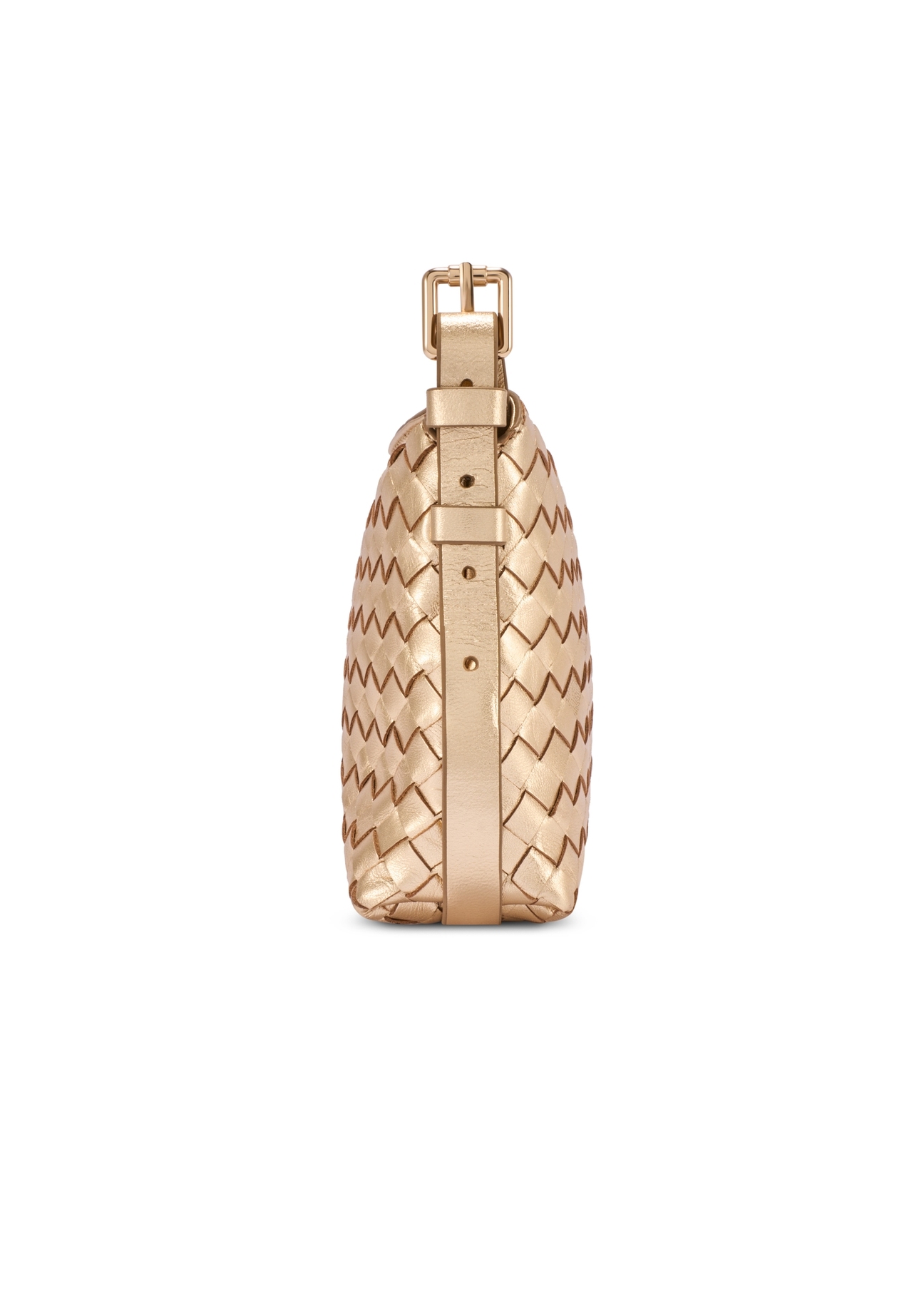 Dámska kožená kabelka s pleteným vzorom zlatej farby TORES-1292-2X(W26) - bočný pohľad na produkt, na bielom pozadí.