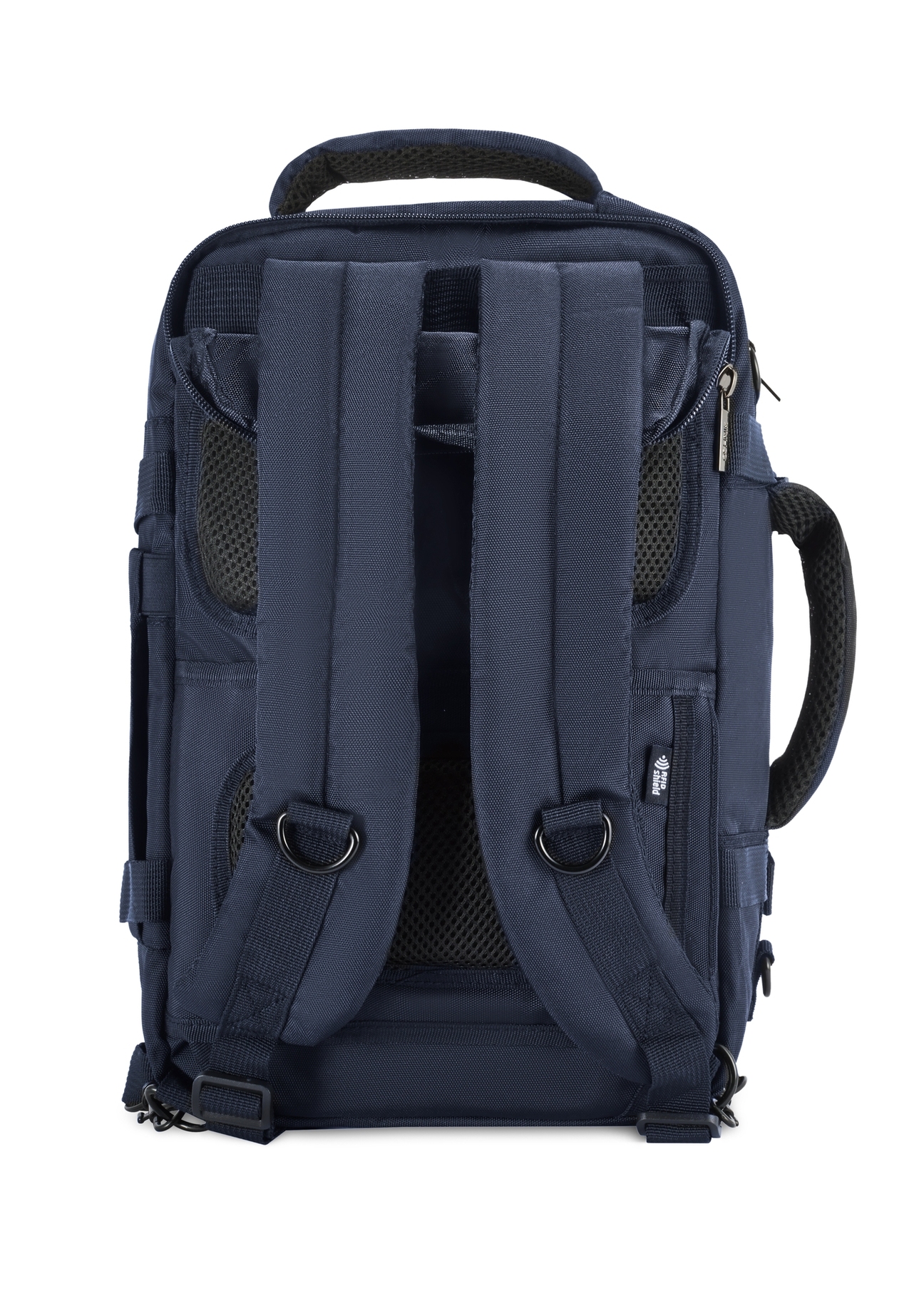 Navy blue airplane backpack PLCMN-0017-69(Z25), back view of the product on a white background.