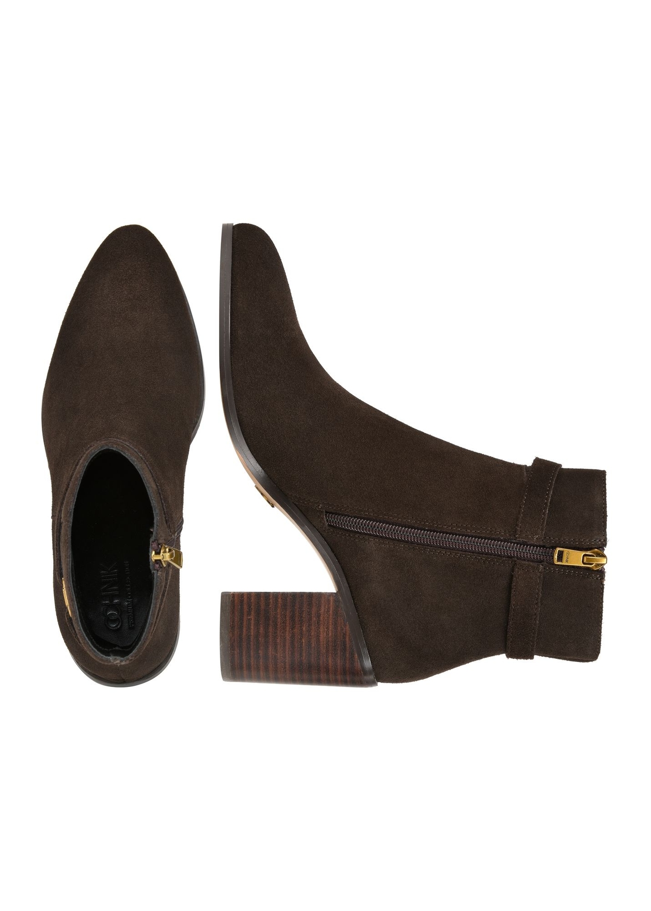 Brown suede women's ankle boots with logo BUTYD-1214-1I(Z26), top view of the product on a white background.
