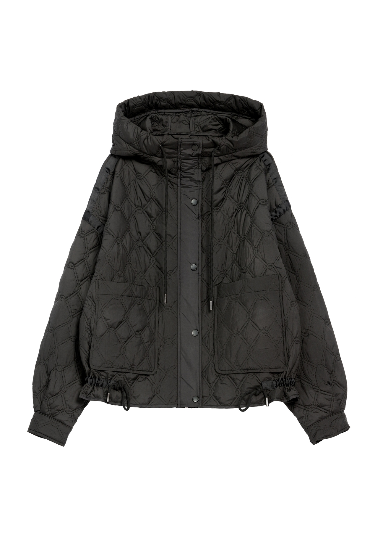 Black short oversize quilted jacket KURDT-0660-99(W26) - front product view, on white background.