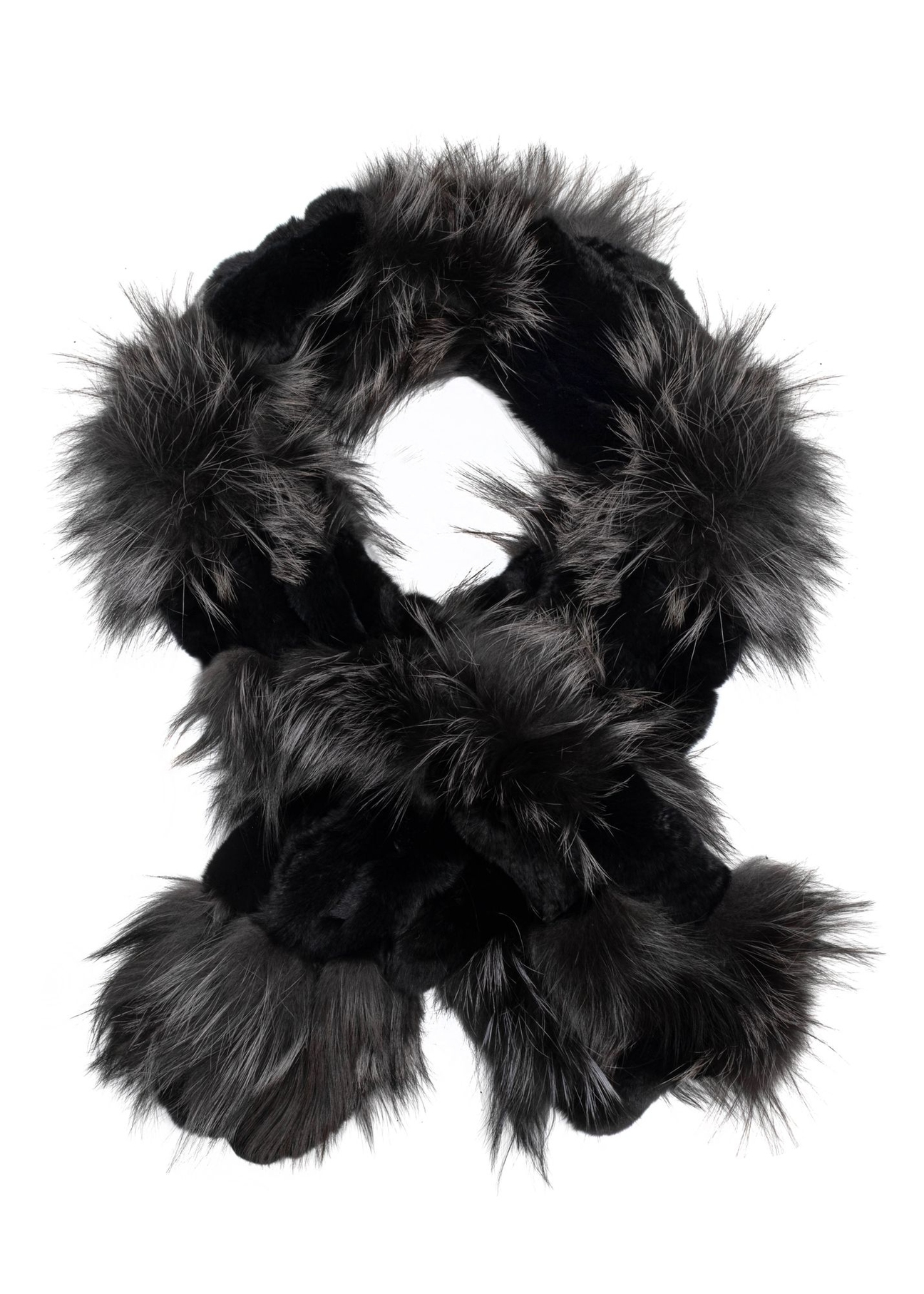 Black women's fur scarf SZADF-0025-9J(Z26) - product view from above, on a white background.