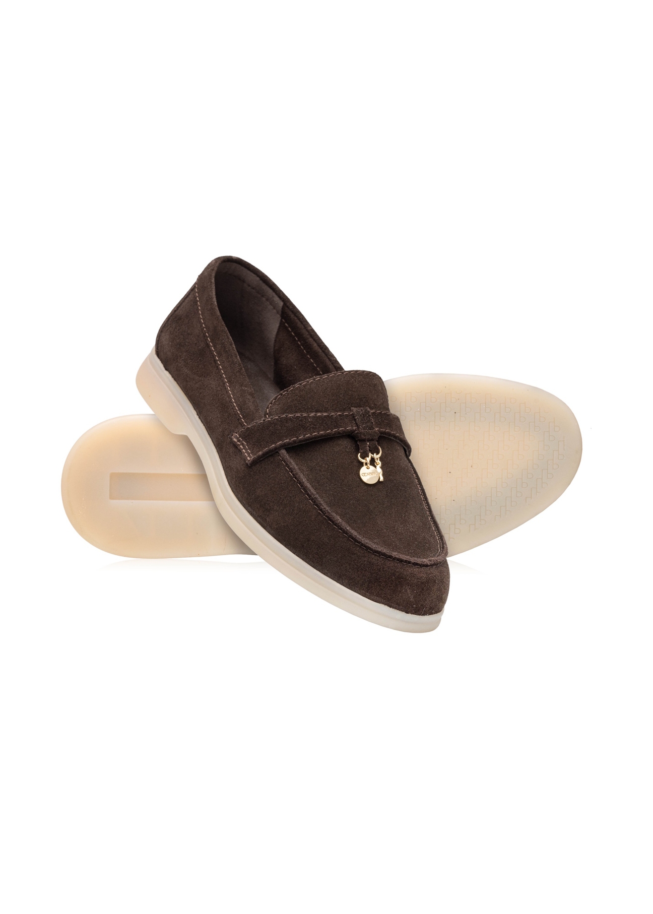 Dark brown women's leather moccasins BUTYD-1256-1I(W26), diagonal product view on white background.