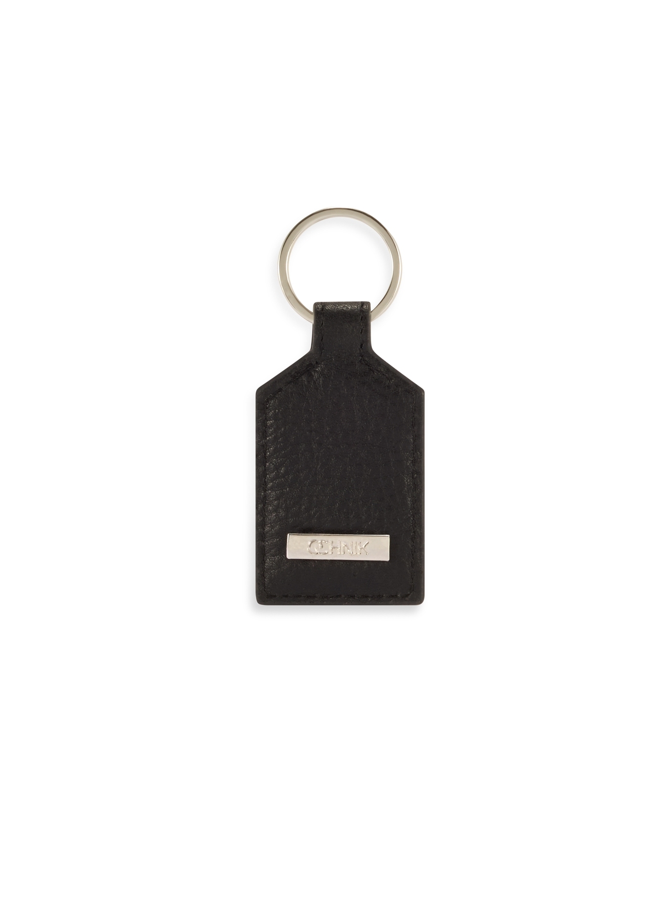 Black leather keychain with heart BRELOK-0219-99(Z25), product view from the back on a white background.