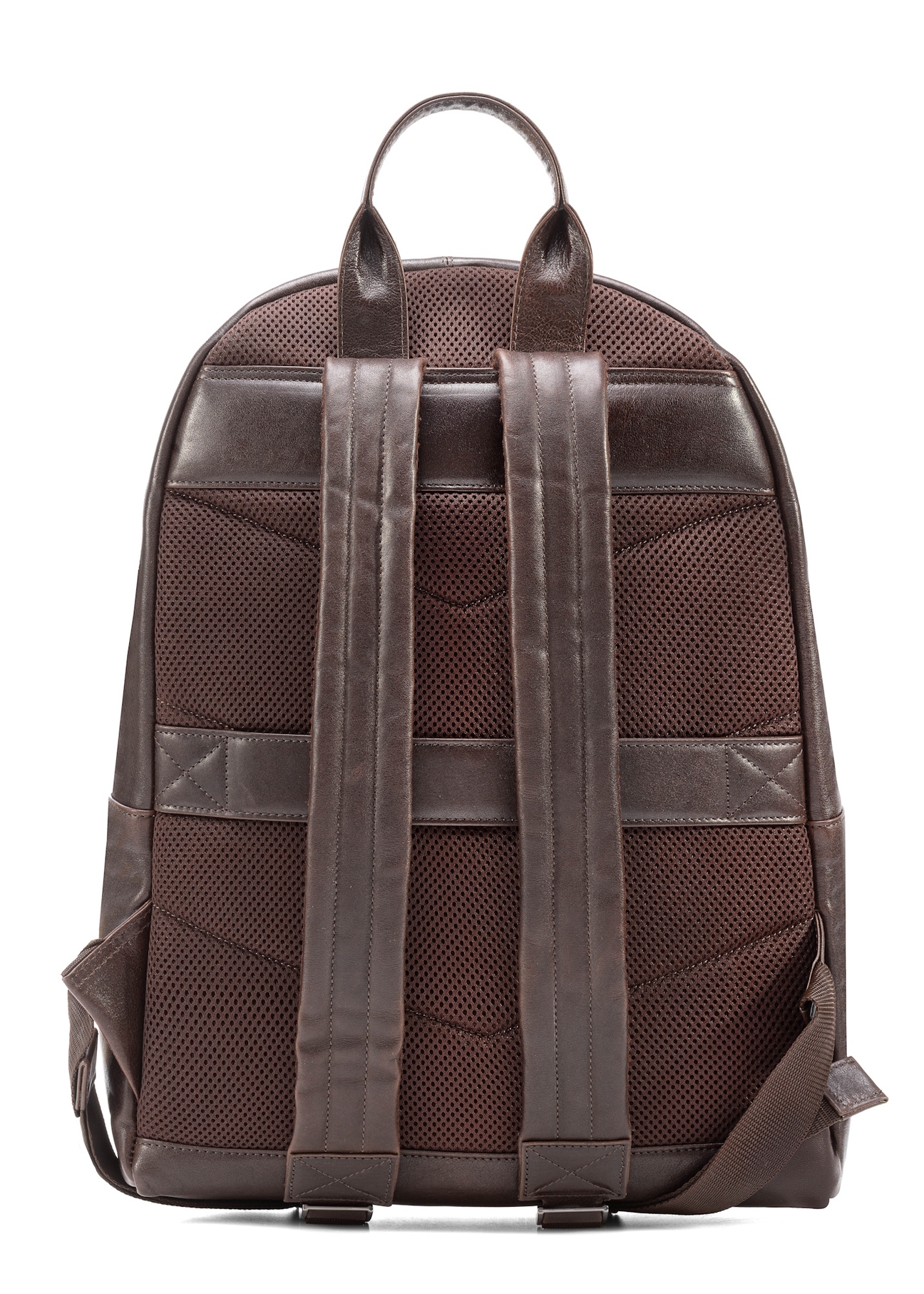 Dark brown leather men's backpack TORMS-0458-89(Z25), product view from the back on a white background.