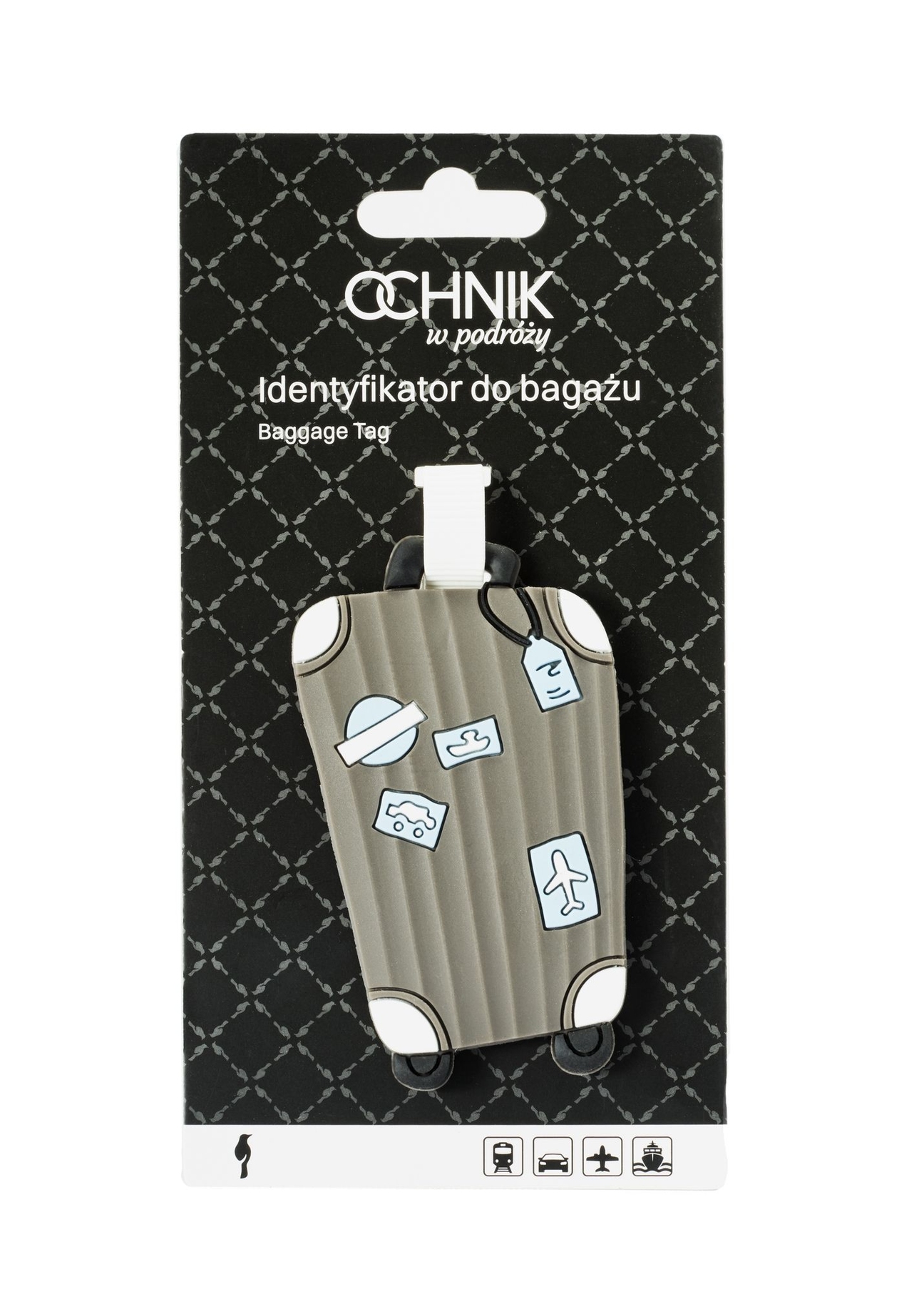Luggage tag AW-012-0012-9C(W26), front view of the product in the packaging on a white background.