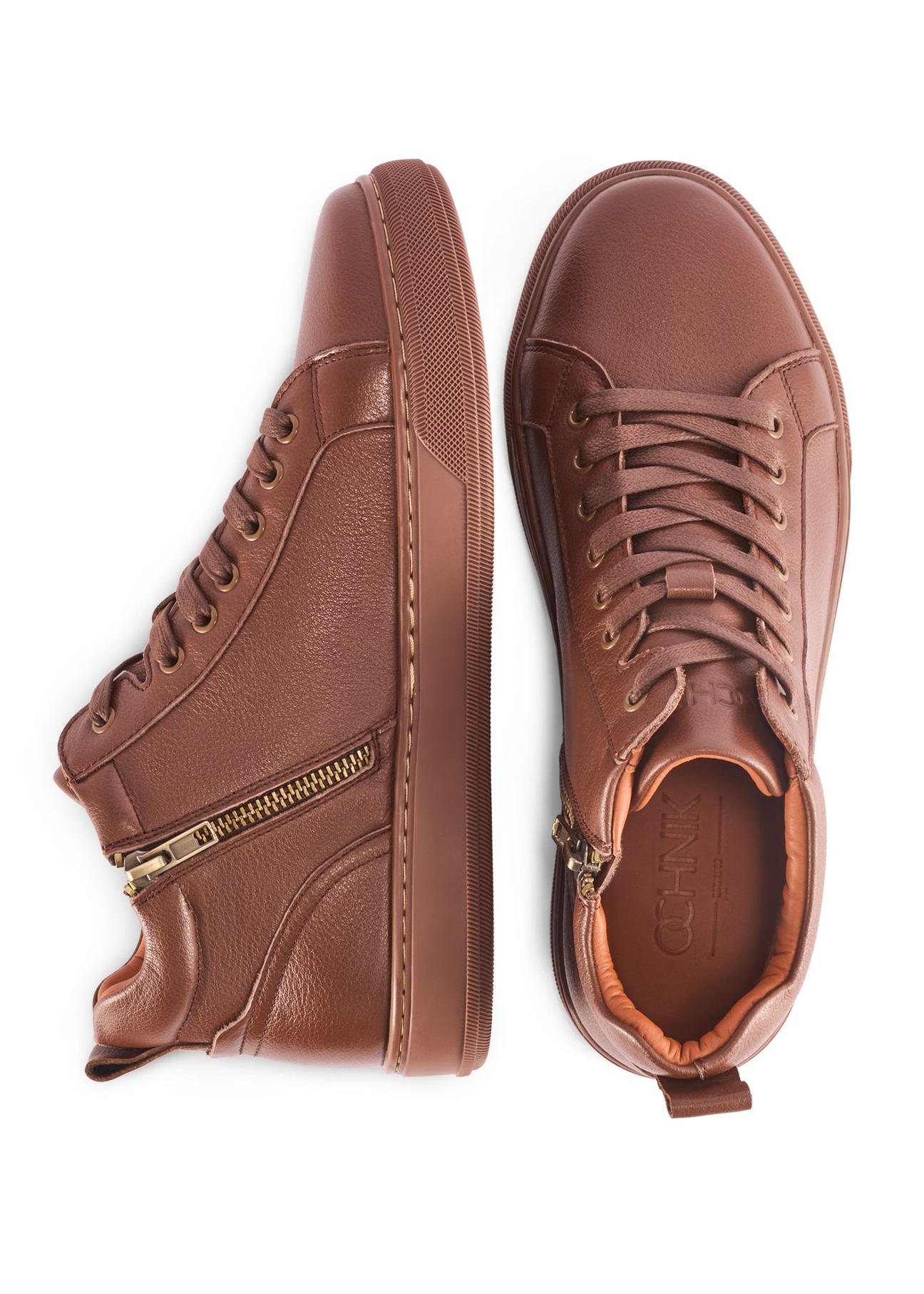 Brown men's leather sneakers BUTYM-0466-89(Z25) - side and top view of the product on a white background.