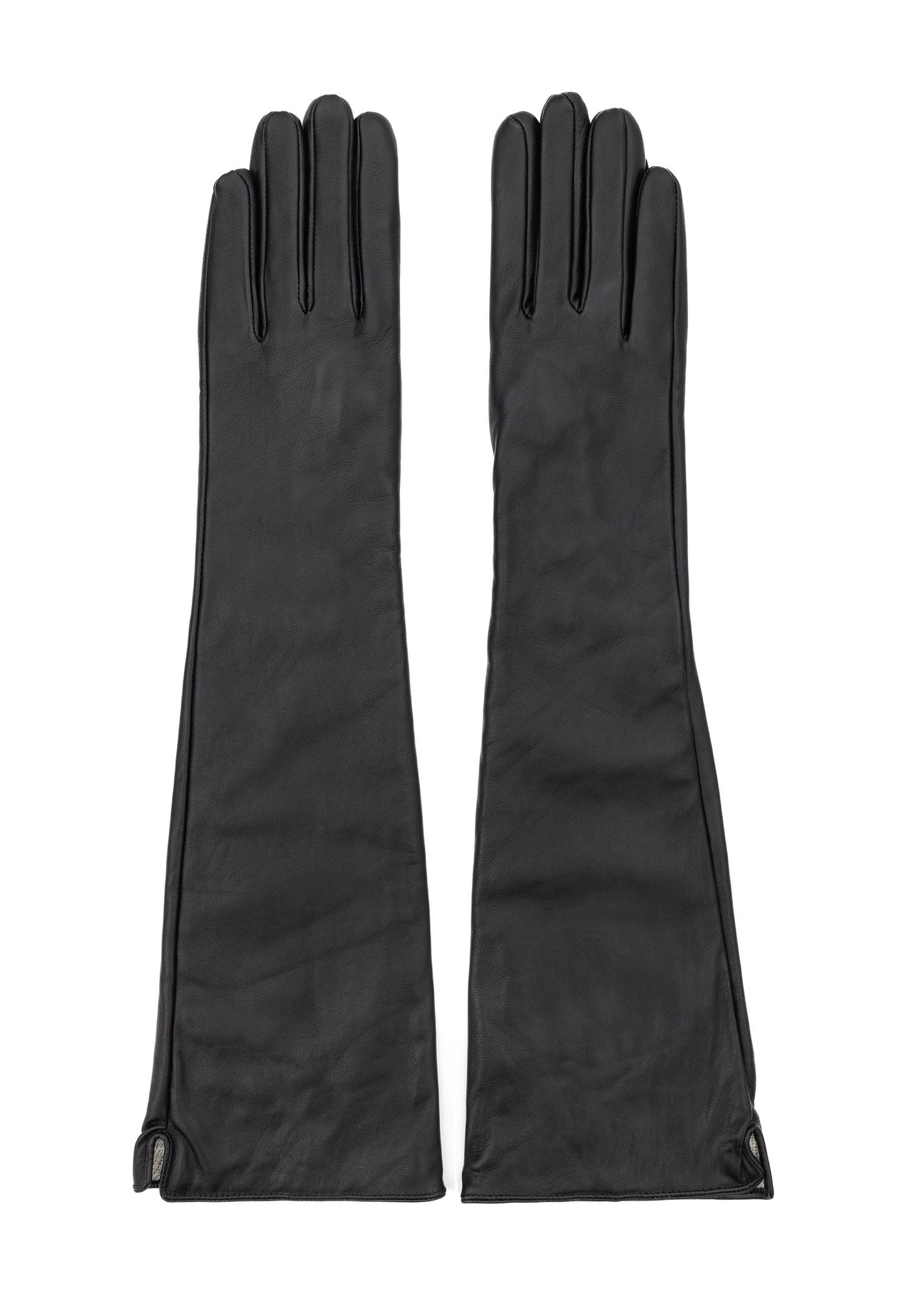 Long black leather women's gloves REKDS-0088-99(Z26), front product view on white background.