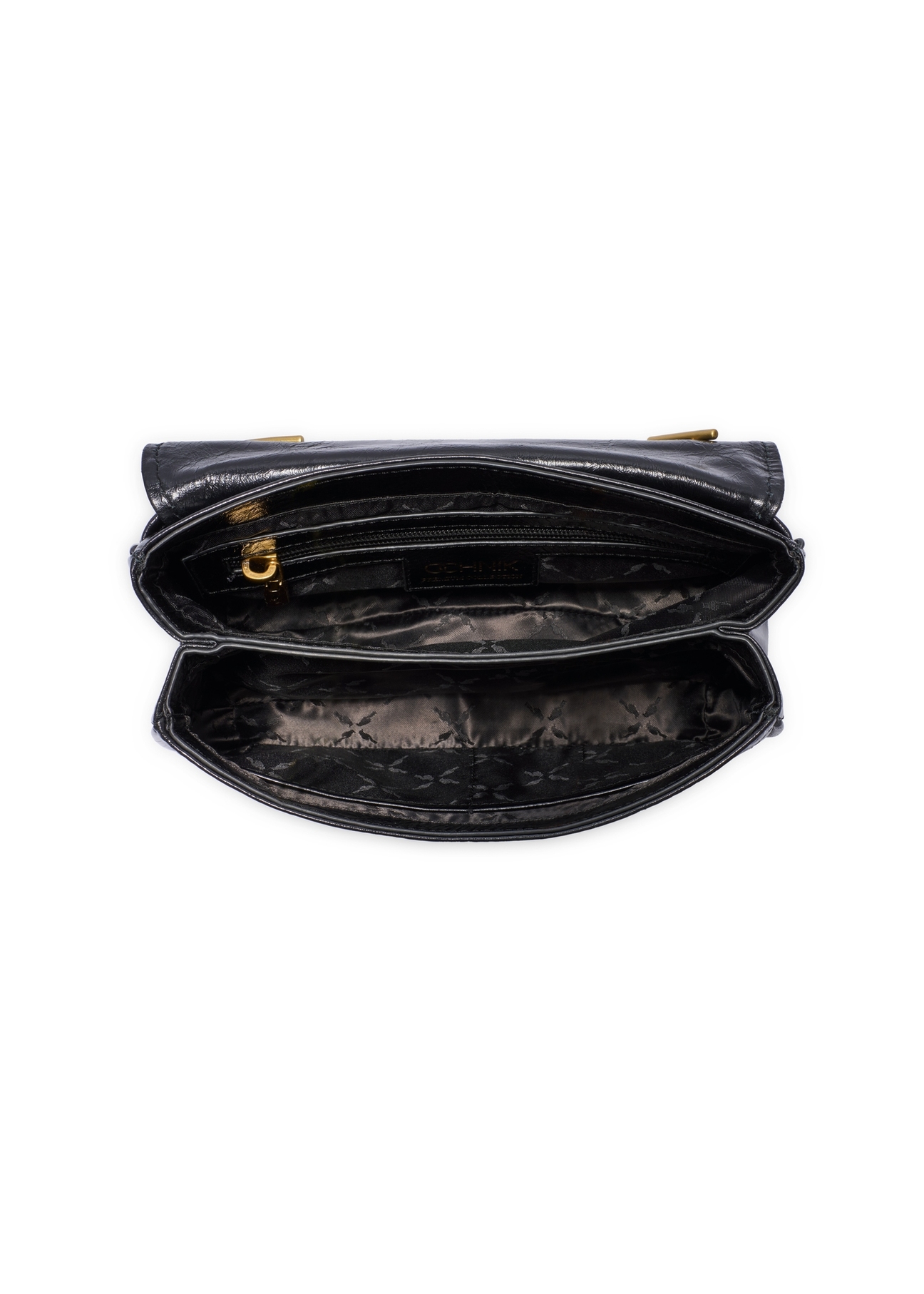 Black patent leather women's handbag TORES-1297-99(W26), product view from the inside on a white background.