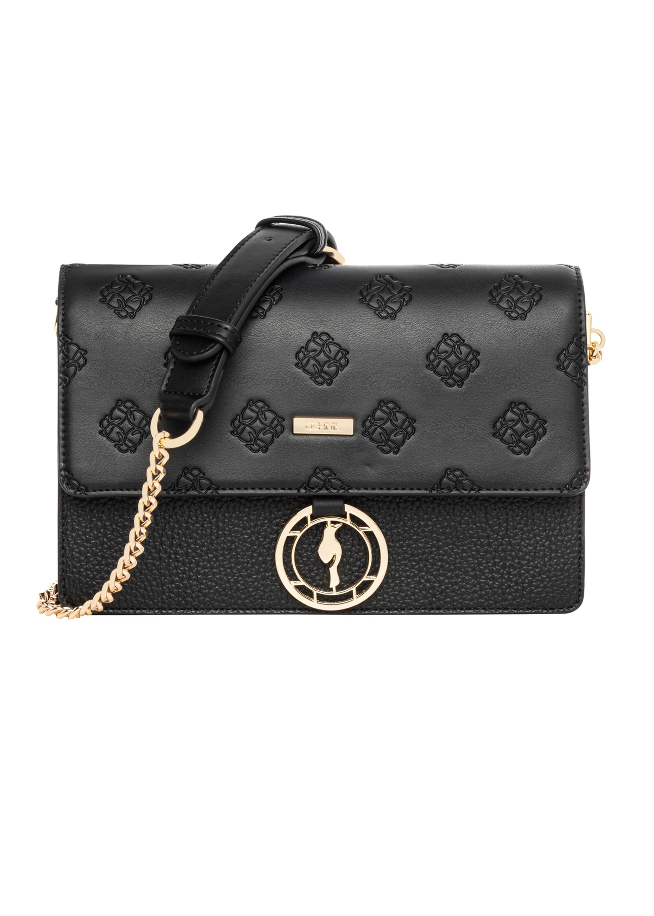 Black women's handbag with monogram TOREC-0536C-9P(W26), product view from the front on a white background.