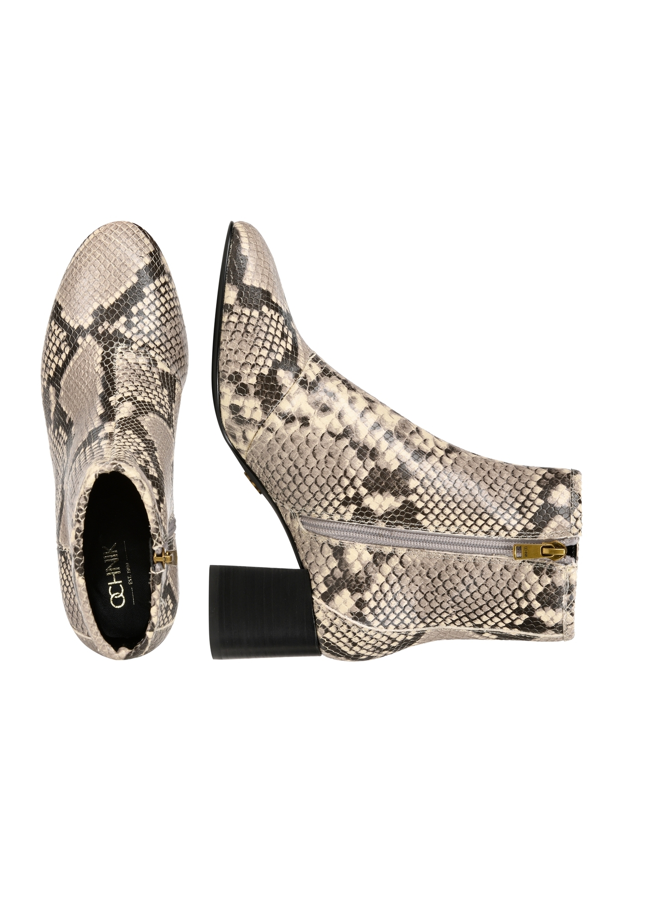 Leather high-heeled ankle boots with snakeskin motif BUTYD-1218-86(Z25), product view from the top and side on a white background.