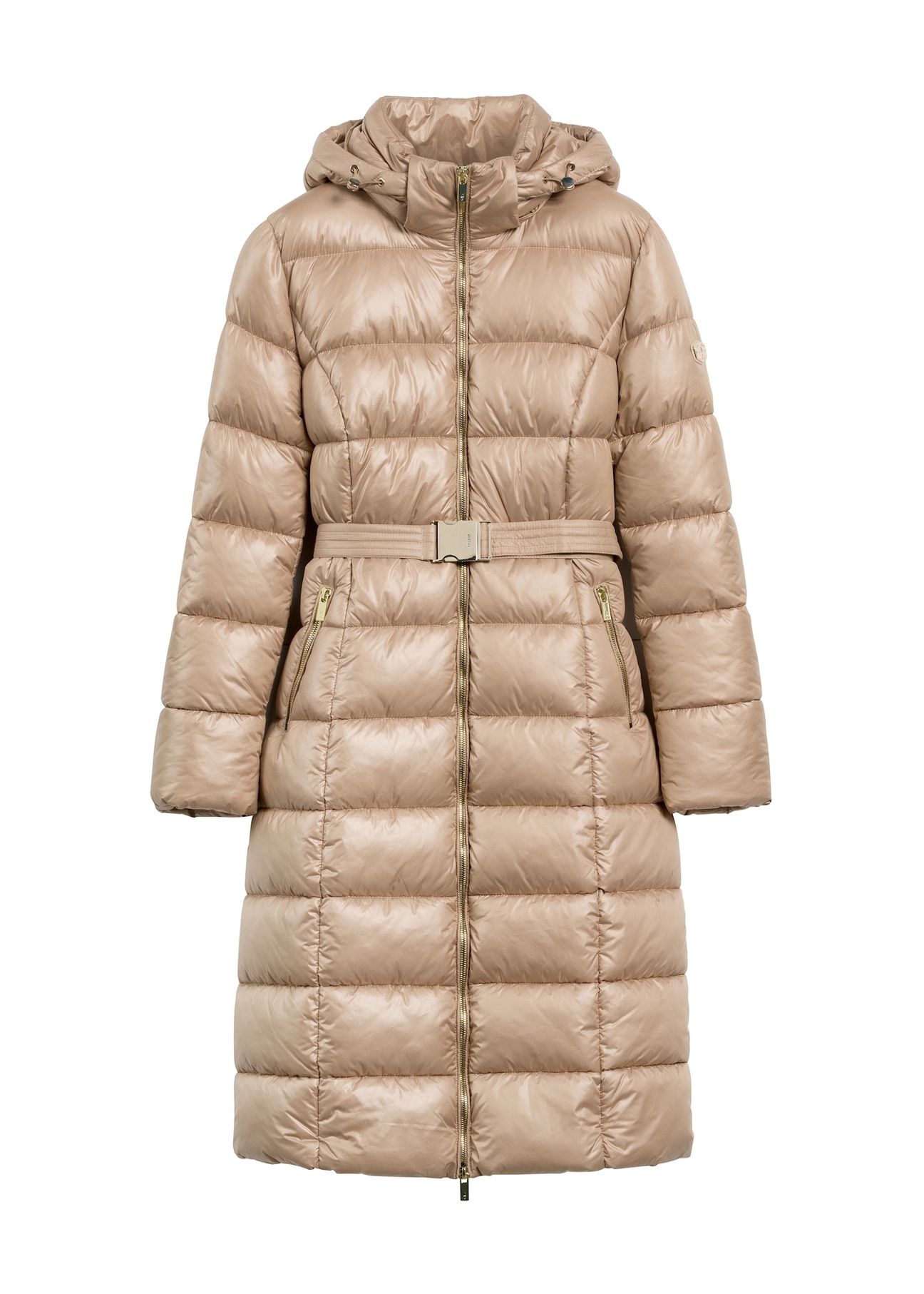 Beige women's long jacket KURDT-0603-82(Z25), front product view on white background.