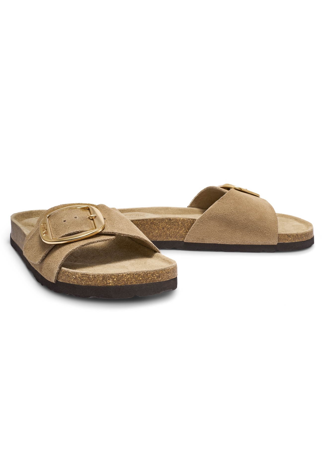 Women's leather flip-flops in cool beige color BUTYD-1157-1K(W26), diagonal product view on a white background.