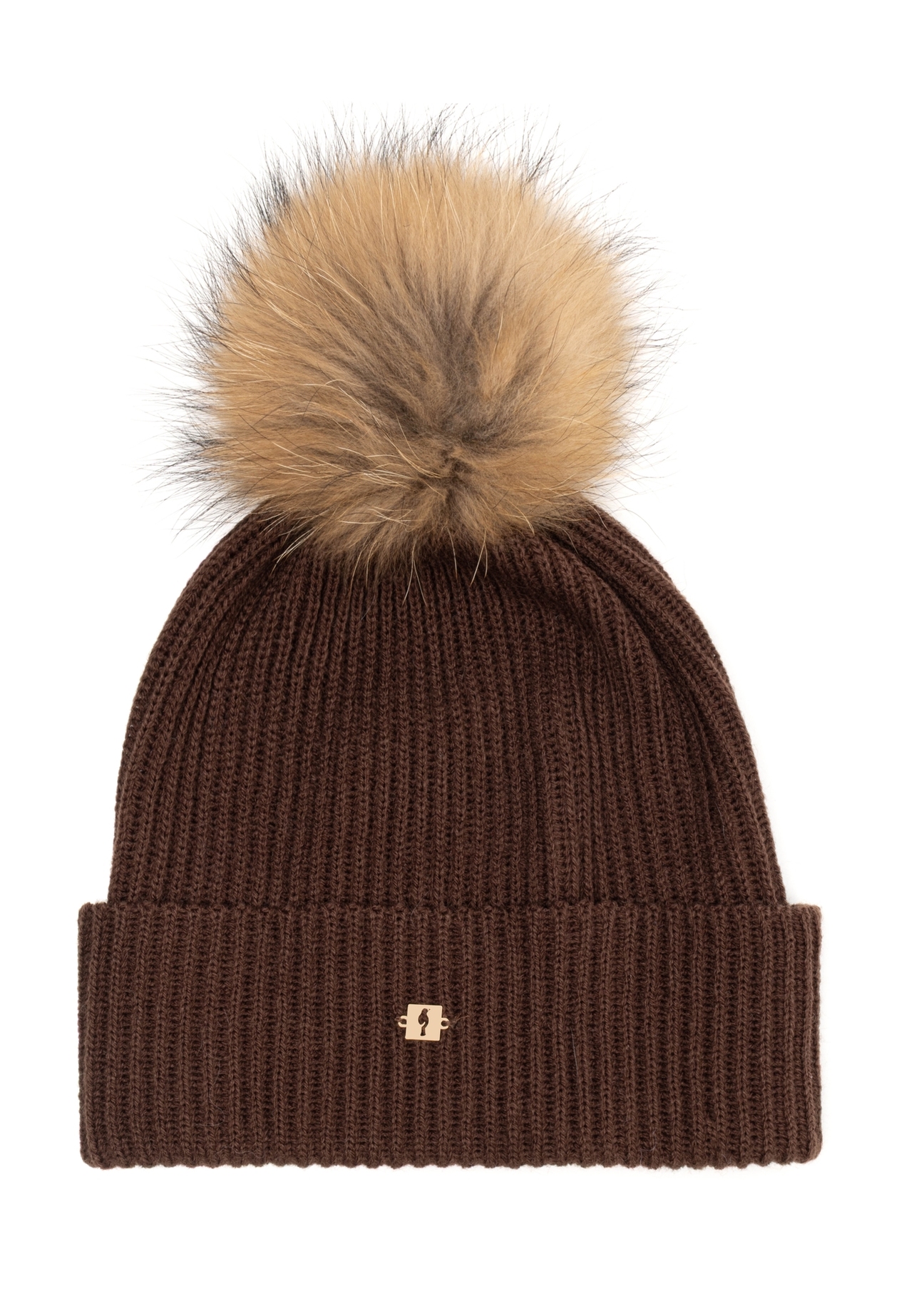 Brown women's wool hat with a pom-pom CZADT-0052A-1H(Z26), front view on a white background.
