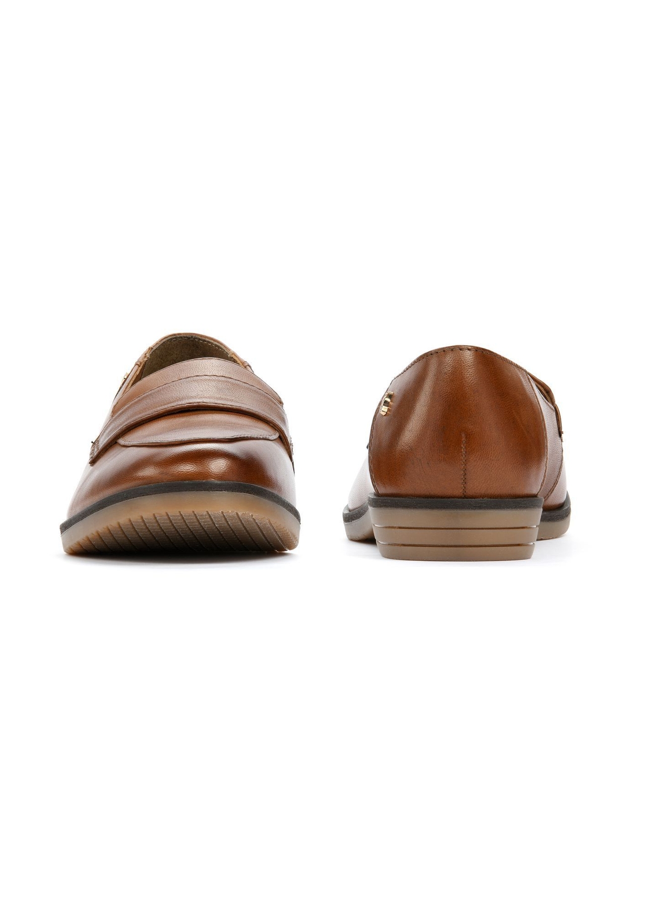 Women's leather moccasins in cognac color BUTYD-1067-1F(W26), front and back view of the product on a white background.