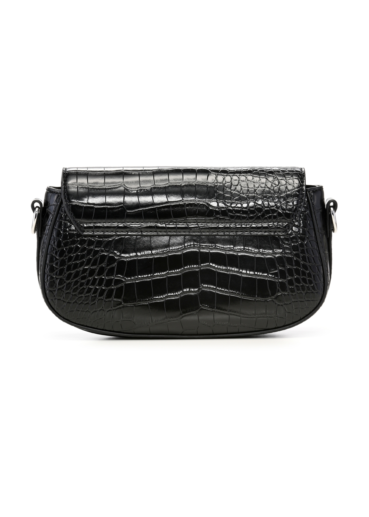 Small black women's croco handbag TOREC-1264-9G(Z26), product view from the back on a white background.