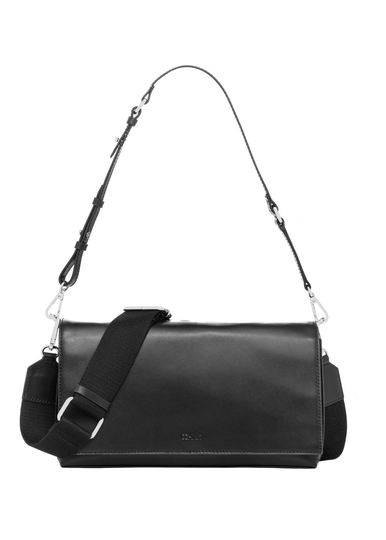 Women's black leather messenger bag TORES-1438-99(Z26). Front view on a white background.