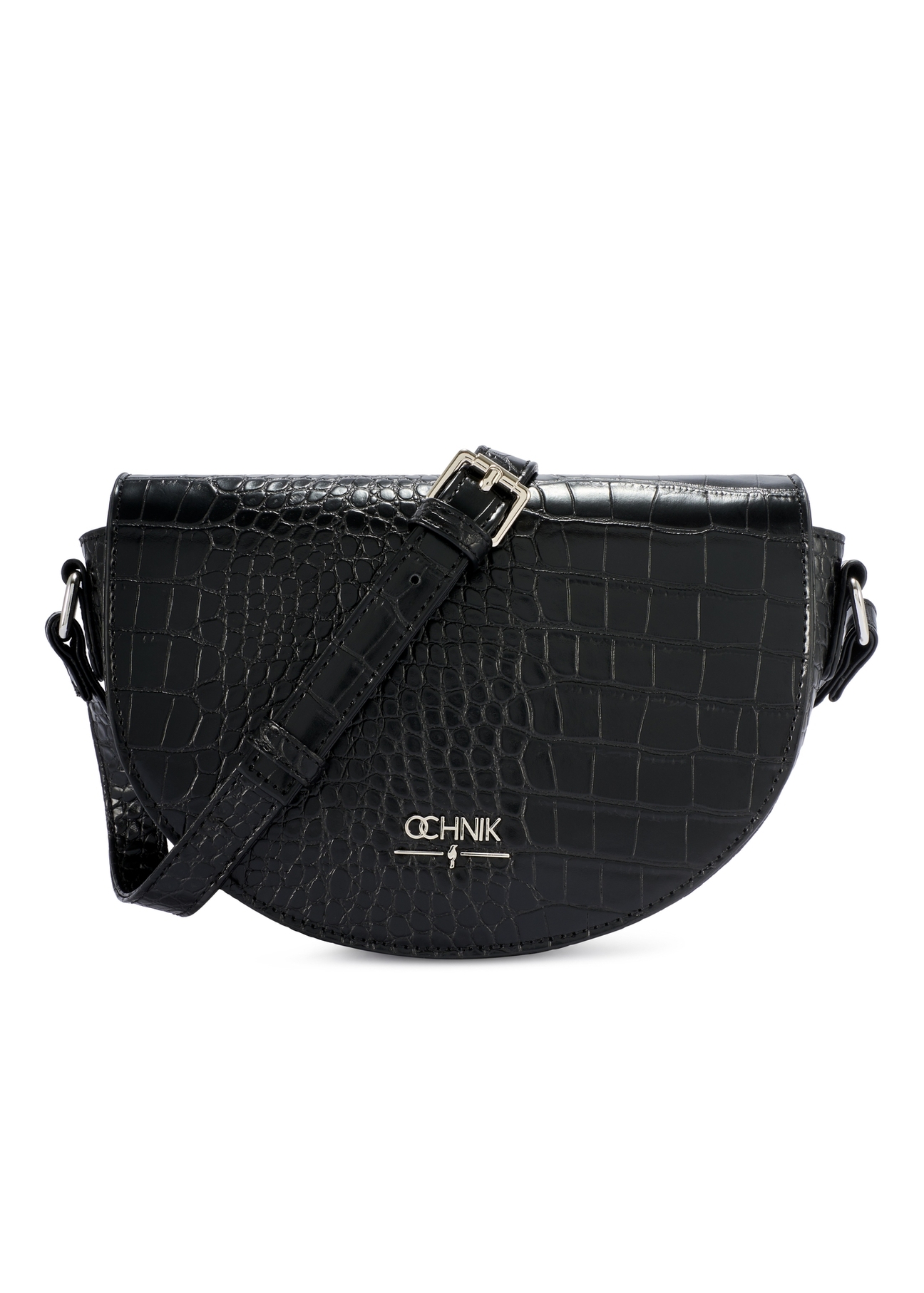 Black semi-circular croco women's messenger bag TOREC-1184-9G(W26), front product view on white background.