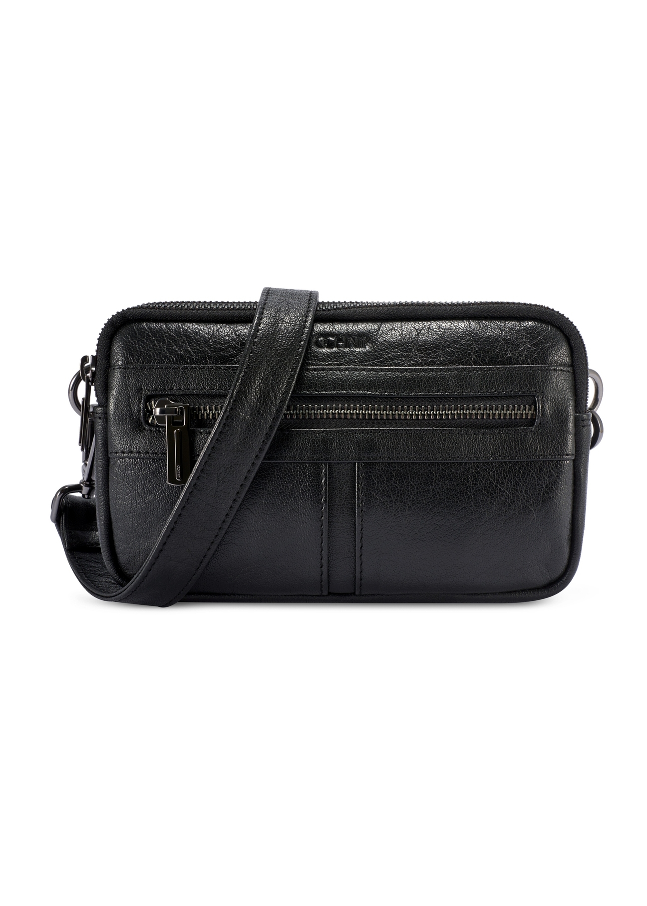 Small black leather men's bag TORMS-0492-99(W26), product view from the front on a white background.