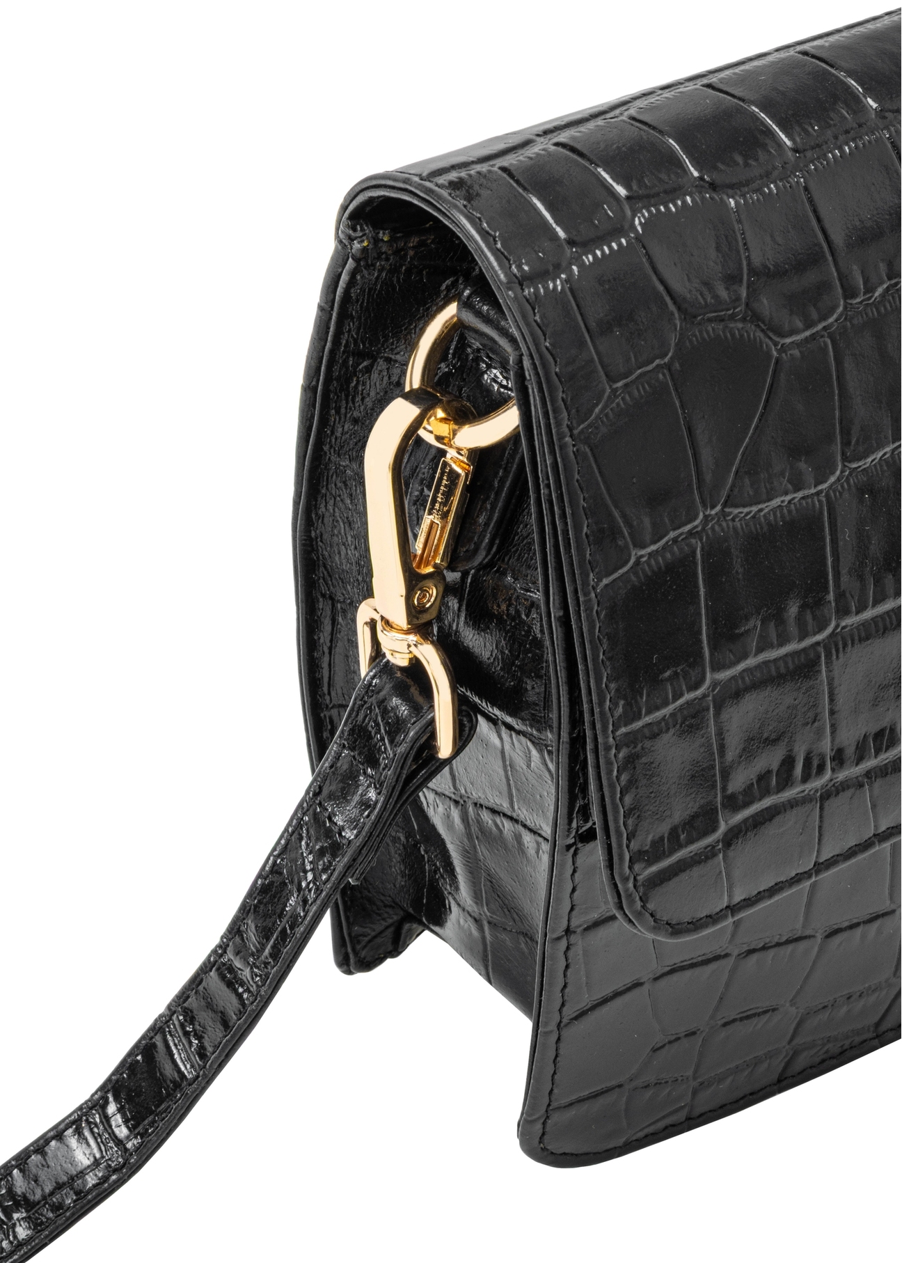 Black small croco leather handbag TORES-1233-9G(W26), close-up of product detail, view on white background.