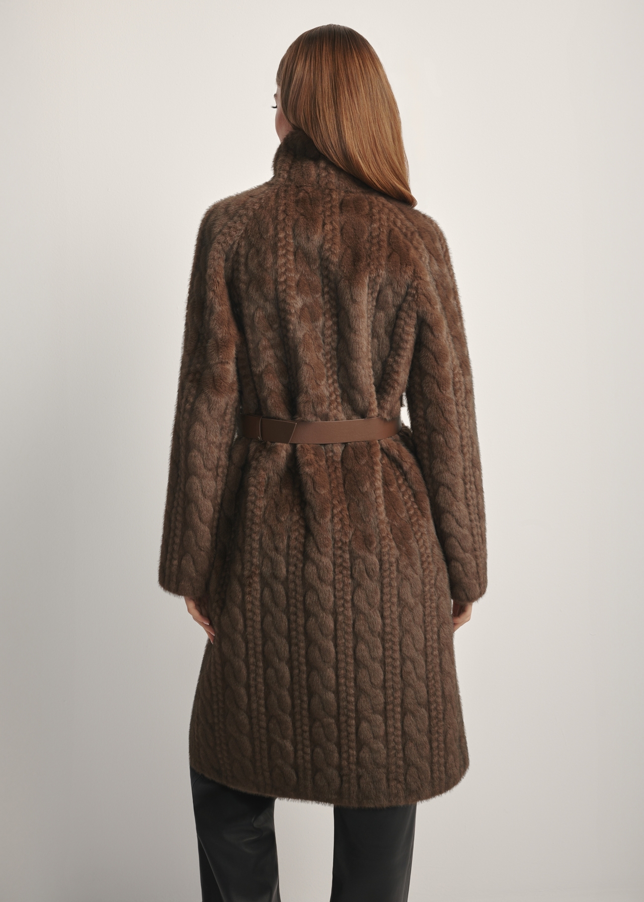 Women's long brown fur coat FUTDP-0065-89(Z25) - back view of the product on a model, against a white background. Full body visible.