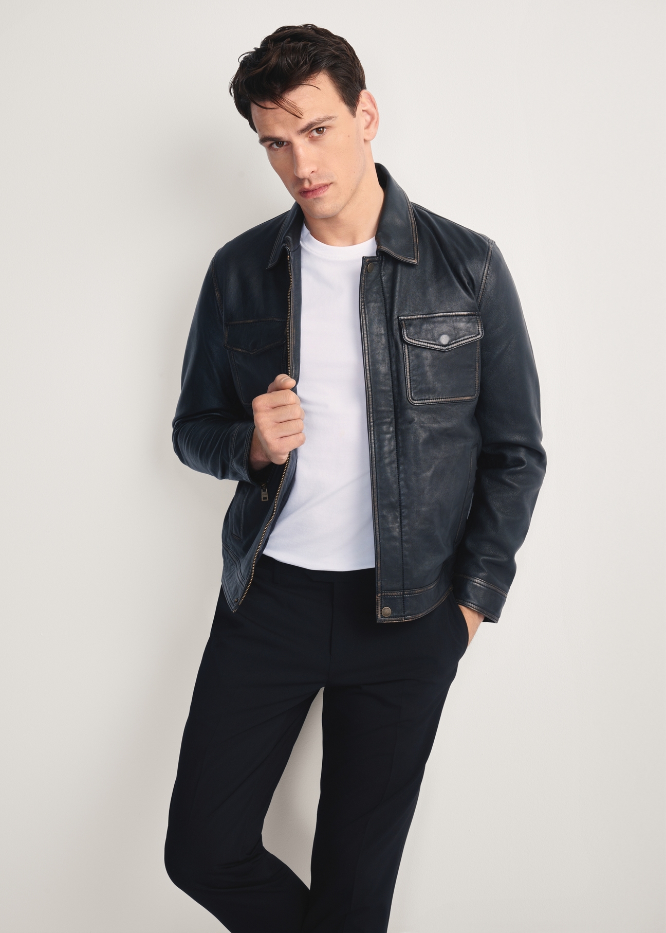 Black men's vintage leather jacket KURMS-0381-2870(Z25), product view from the front on the model, half of the silhouette visible.