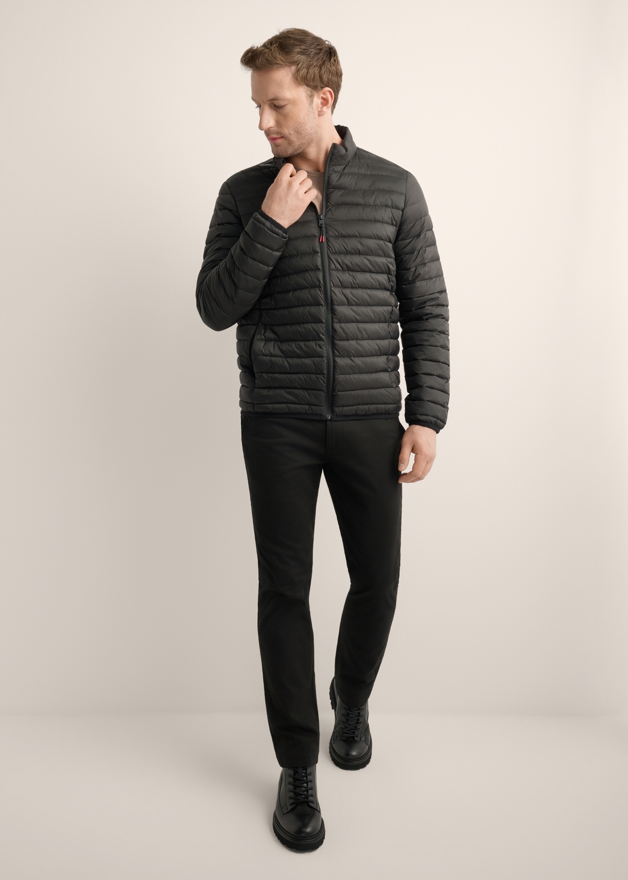 Black men's transitional jacket KURMT-0382-99(Z25), front product view on model. Full body visible.