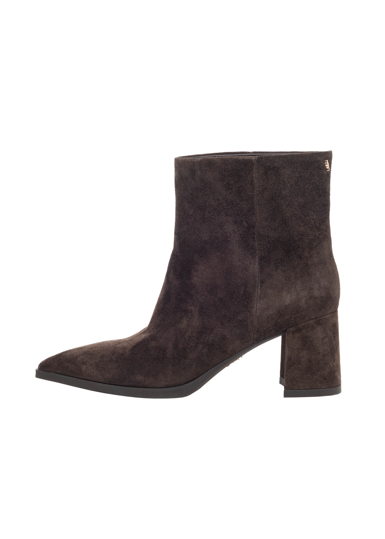 Dark brown suede women's ankle boots BUTYD-1337-1I(Z26), side product view on white background.