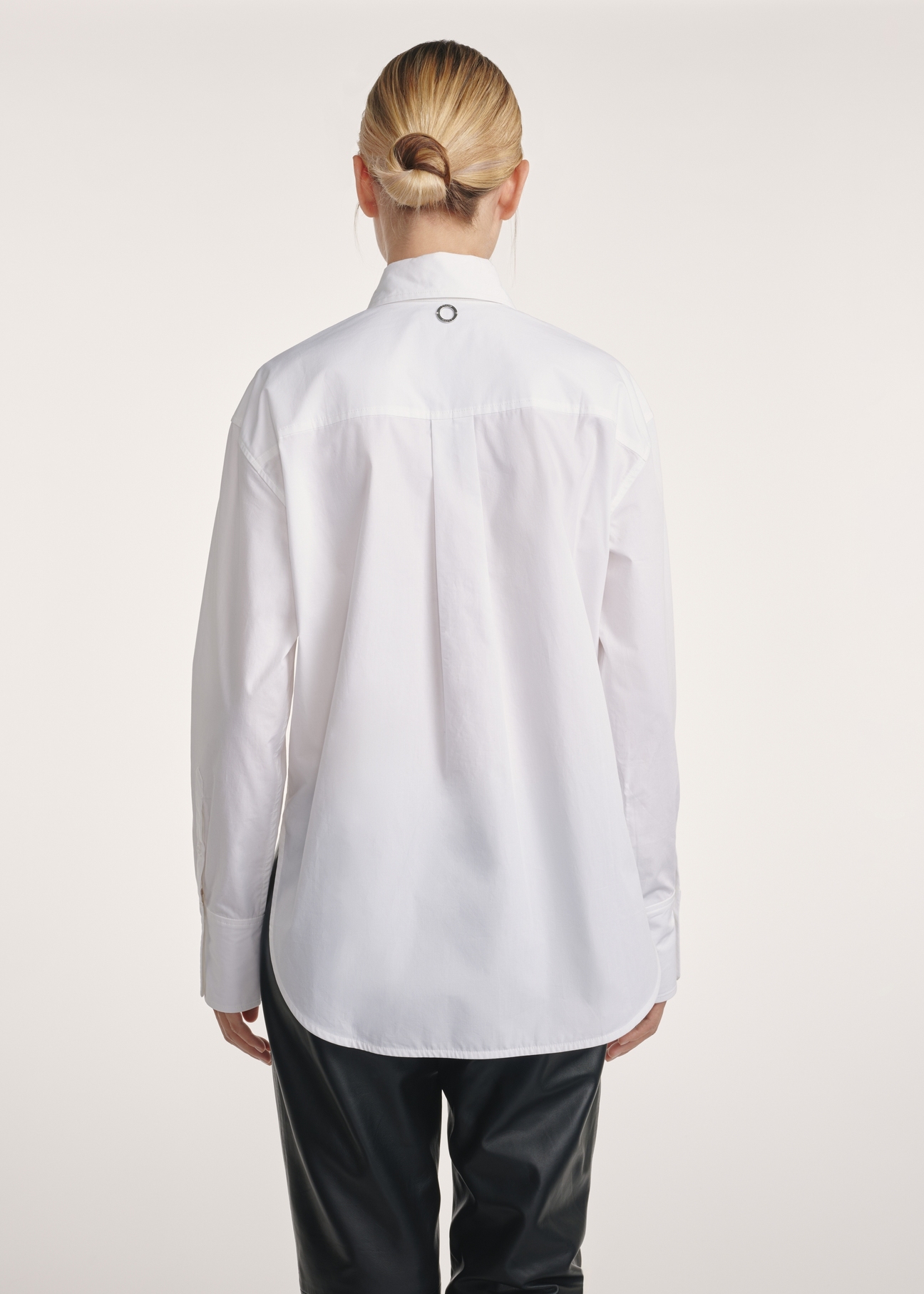 Women's cotton shirt in white KOSDT-0171-11(Z25), product view from the back on the model. Half of the silhouette visible.