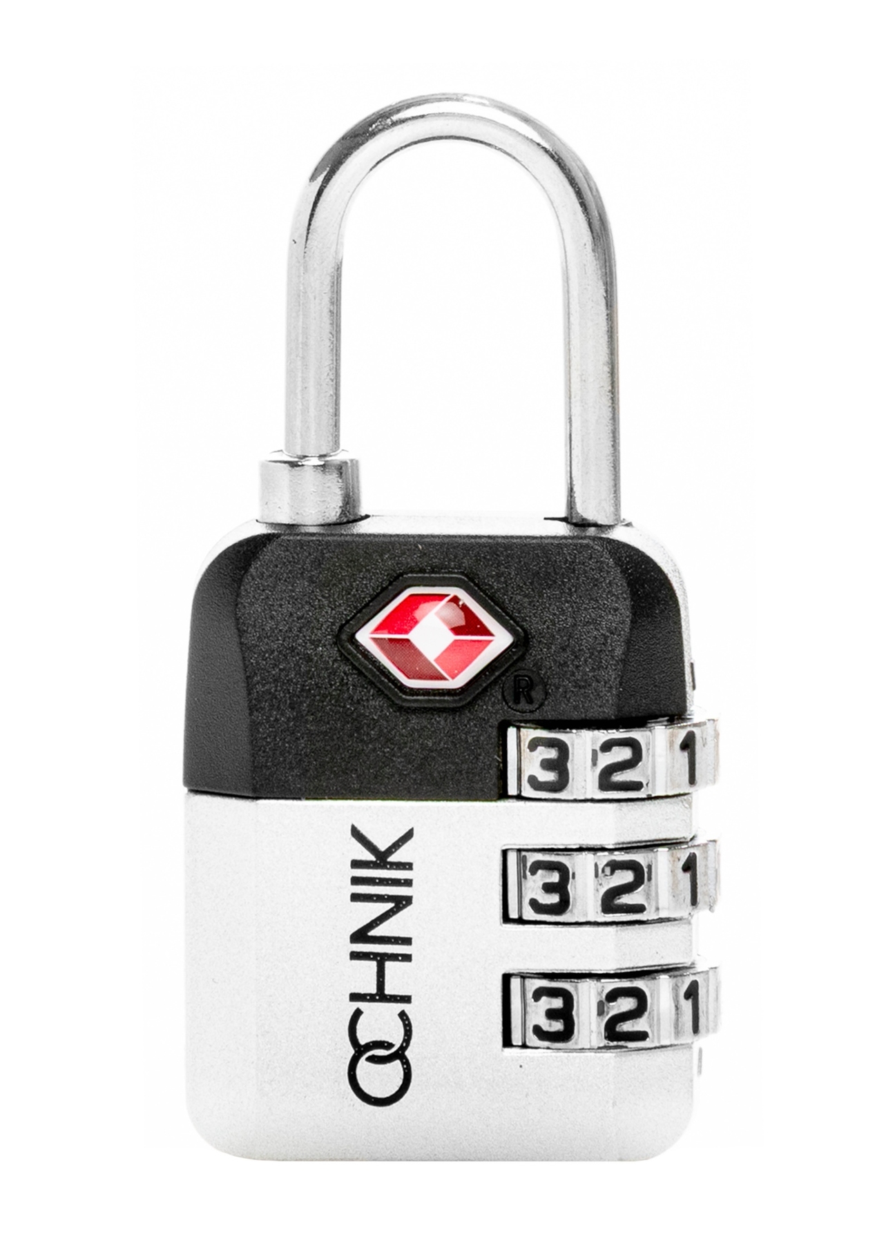 Silver TSA combination padlock AW-015-0004-9X(W26), front product view on white background.
