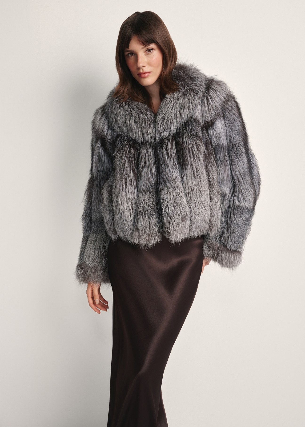 Women's natural fur coat in gray color FUTDF-0110-3179(Z25), product view from the front on a white background.