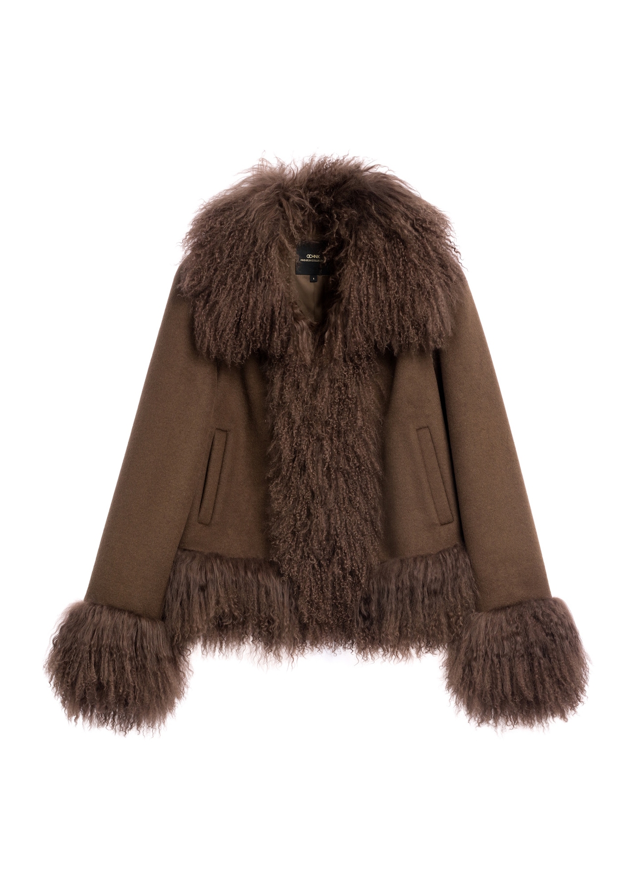 Brown women's wool fur coat FUTDW-0039-1I(Z26), front product view on white background.