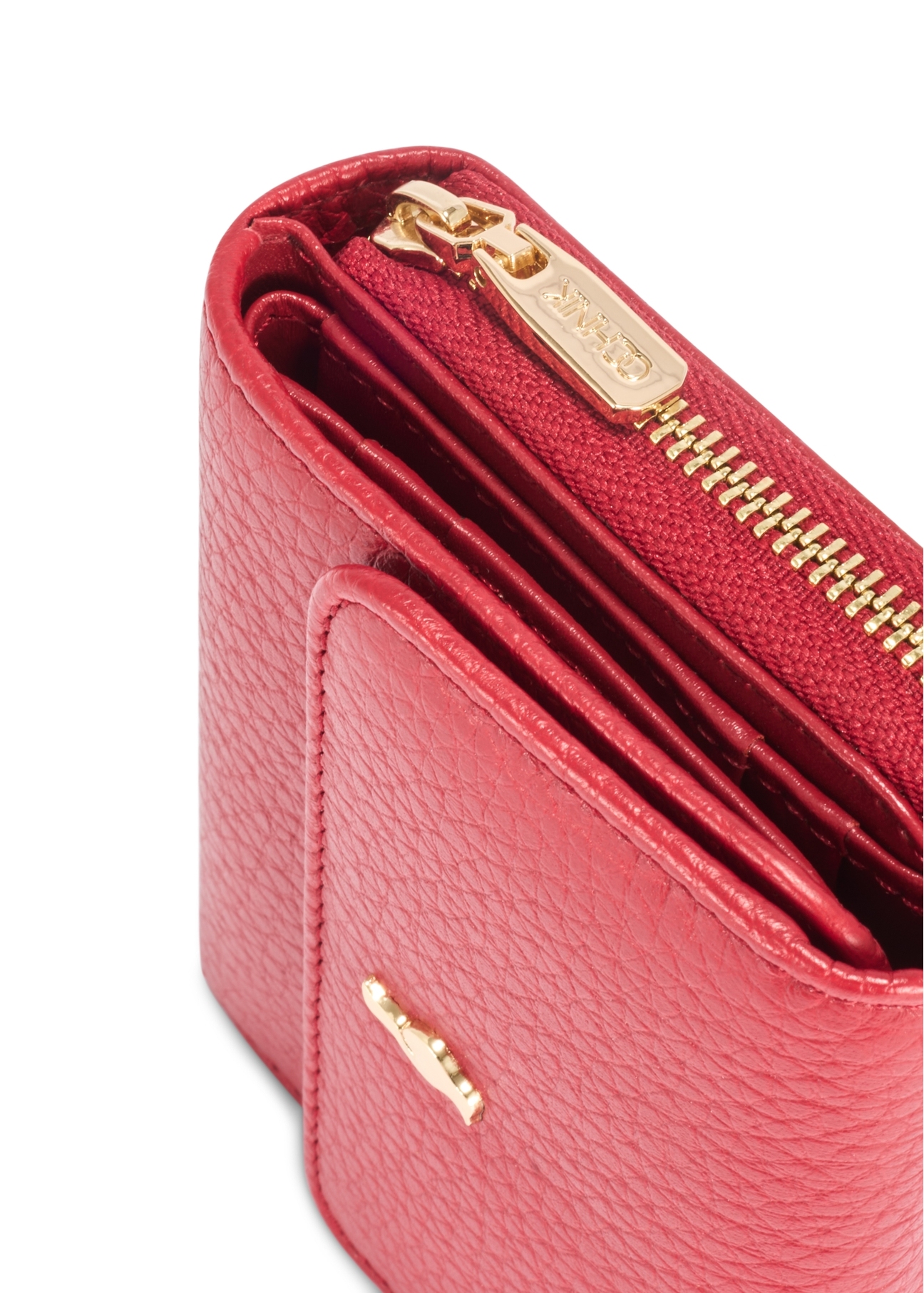 Red leather women's wallet PORES-0818 RFID-42(Z25), close-up of the product detail, view on a white background.