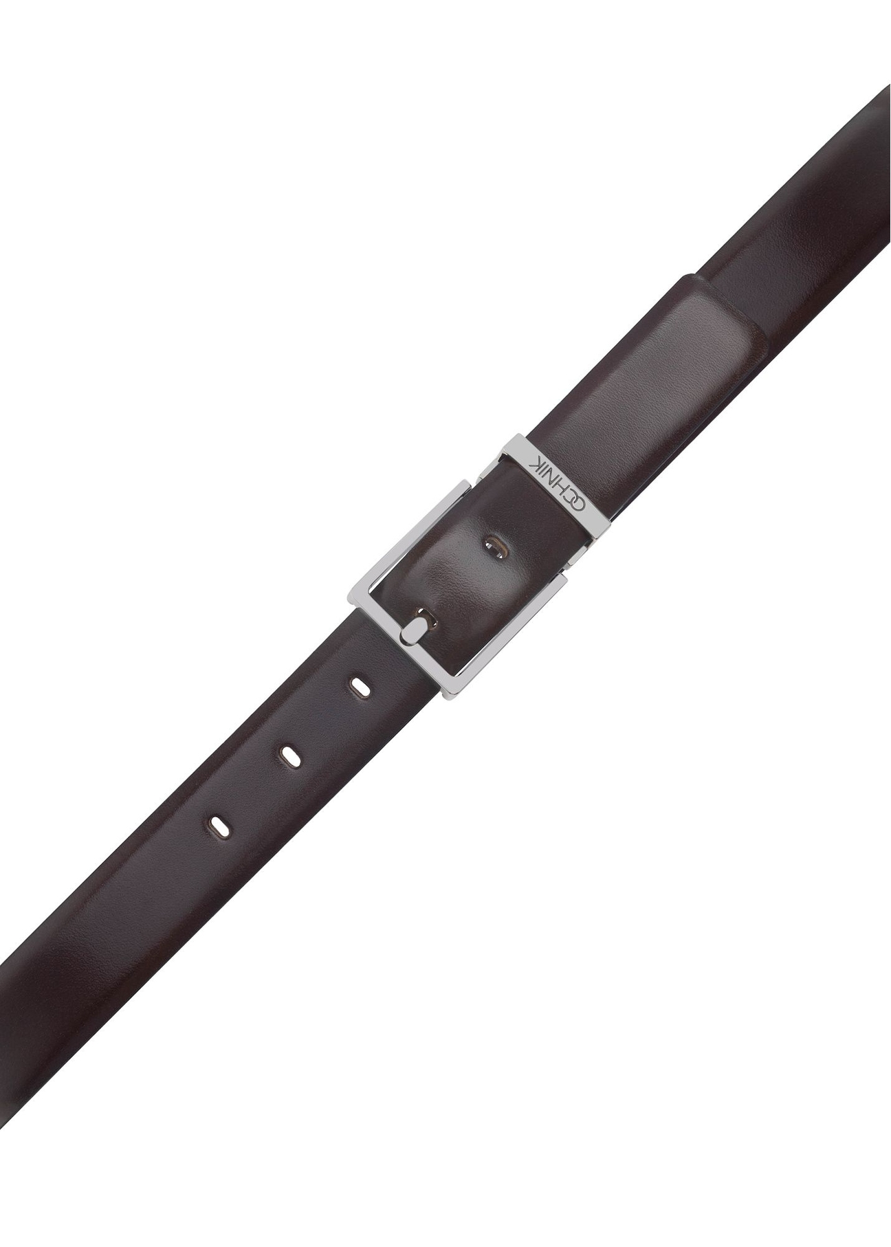 Men's brown leather belt PASMS-0263-1I(W26), close-up of the buckle on a white background.