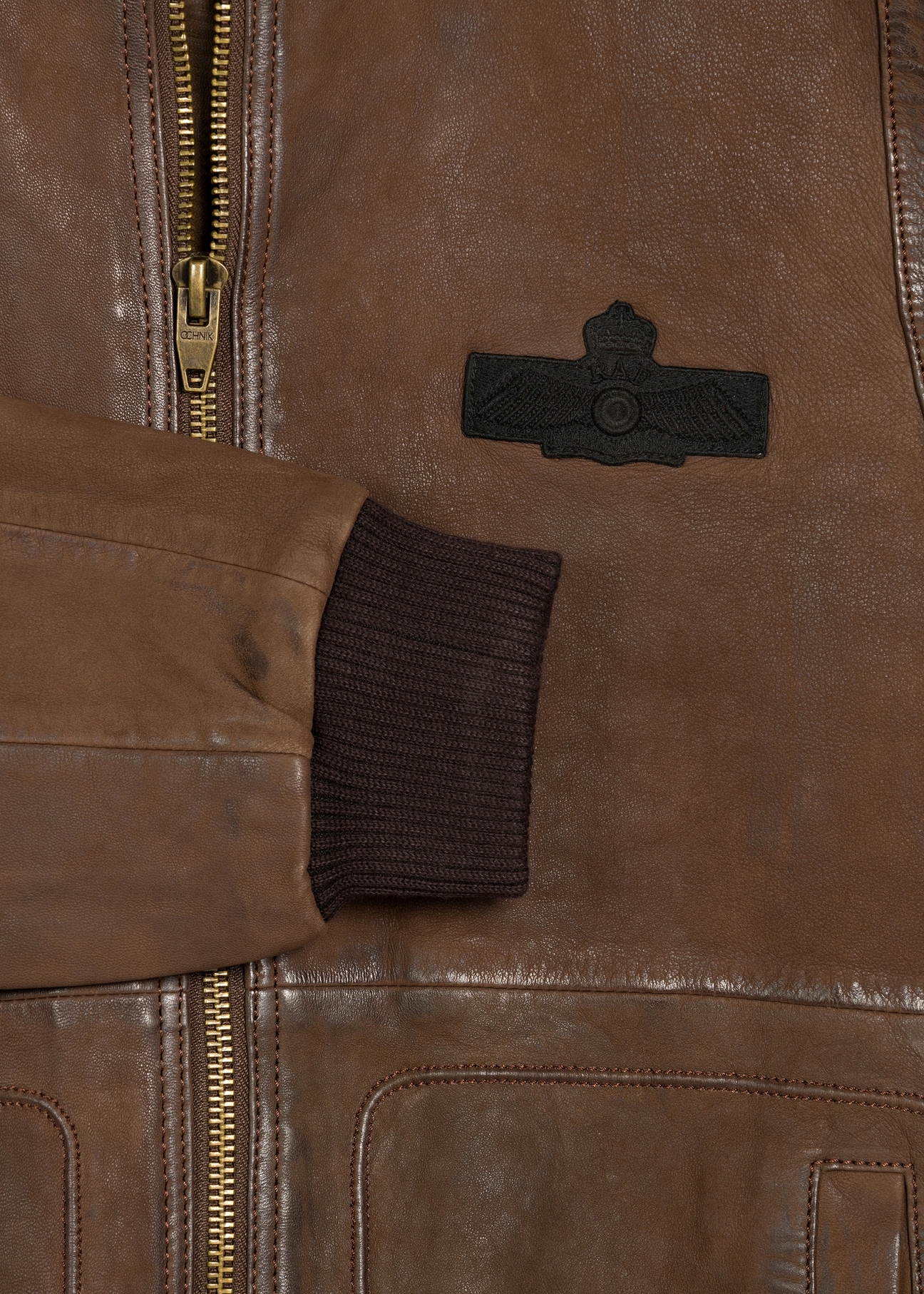 Men's brown leather jacket KURMS-0383-2876(Z25), close-up of the product detail.