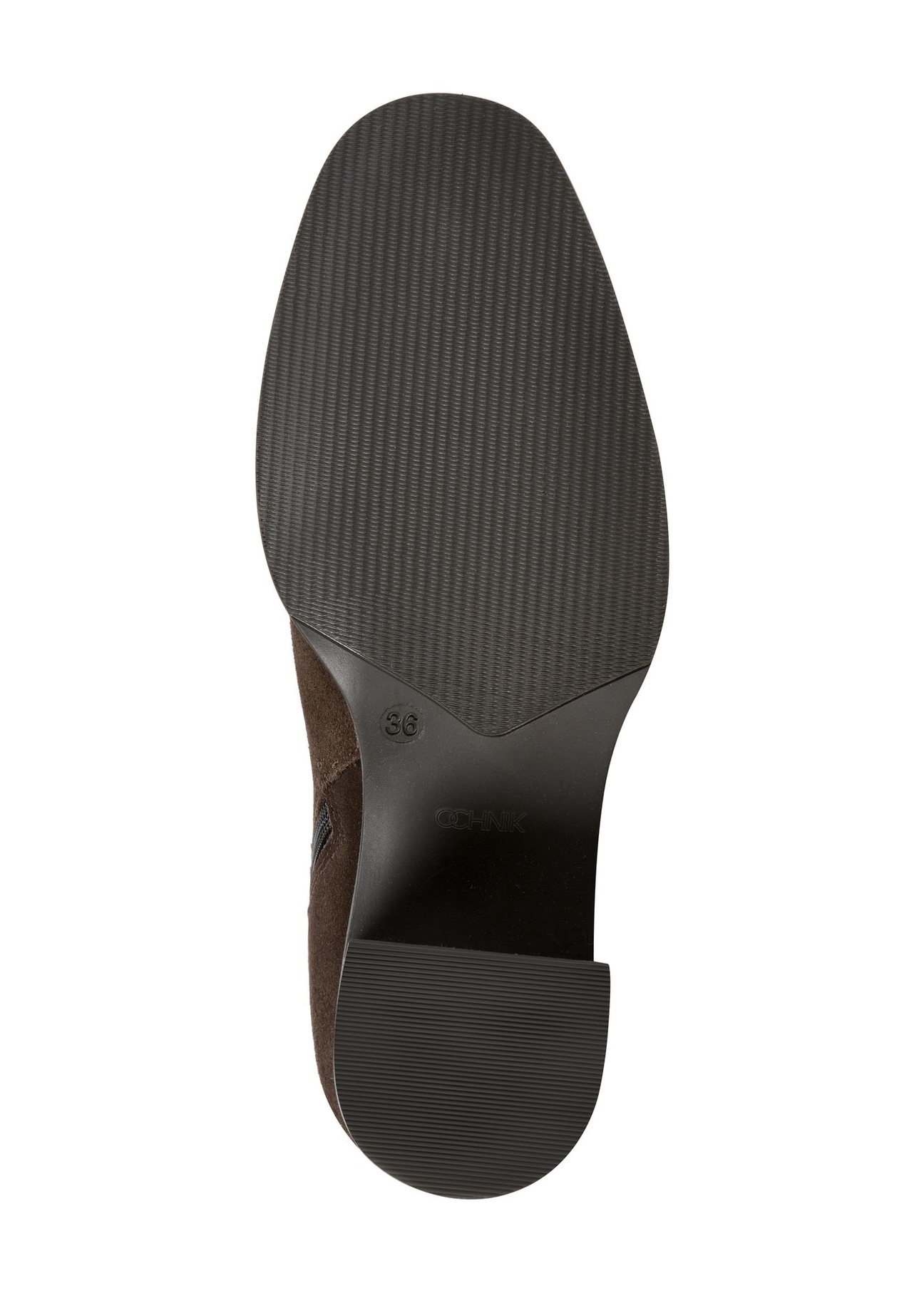 Brown suede high-heeled boots BUTYD-1100-1I(Z26), product view from below on white background.