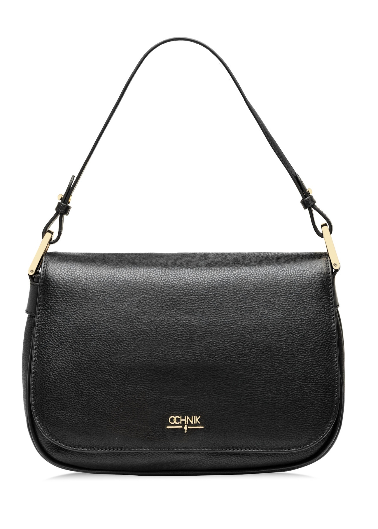 Women's black leather messenger bag TORES-1253-99(W26), front product view on white background.
