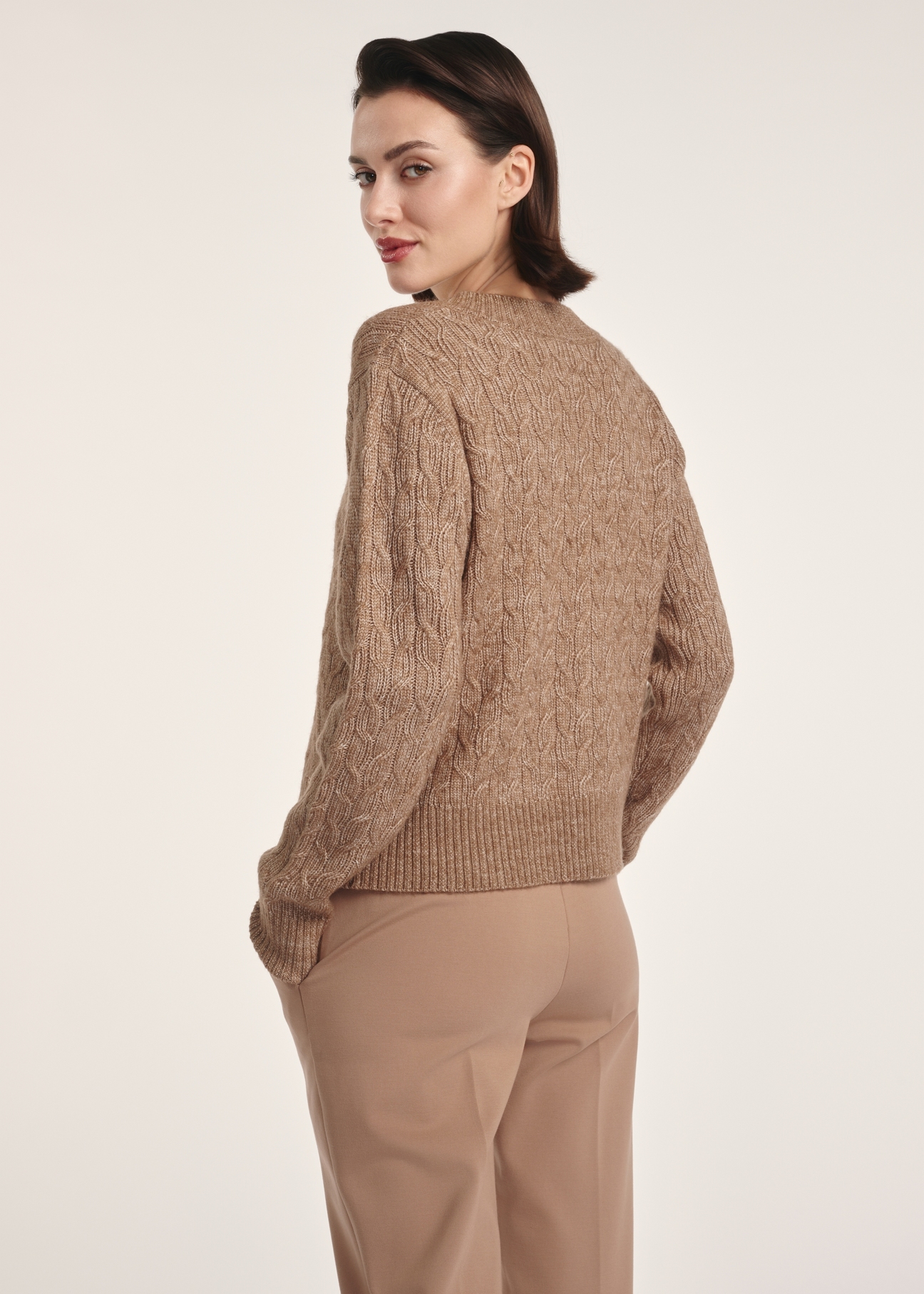 Women's sweater in brown color SWEDT-0237-84(Z25), product view from the back on the model. Half of the silhouette visible.