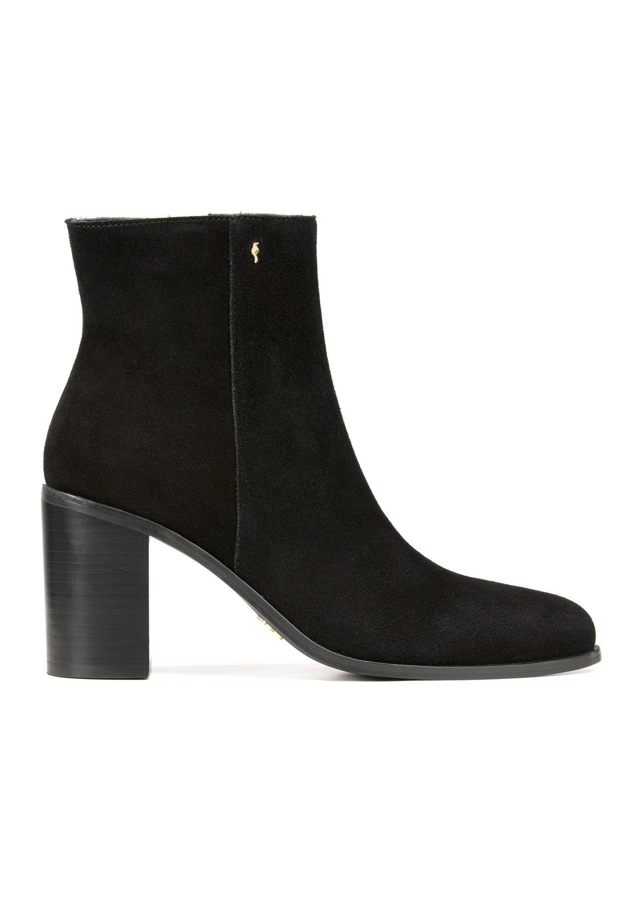 Black suede women's ankle boots BUTYD-1213-98(Z25), product view from the side on a white background.