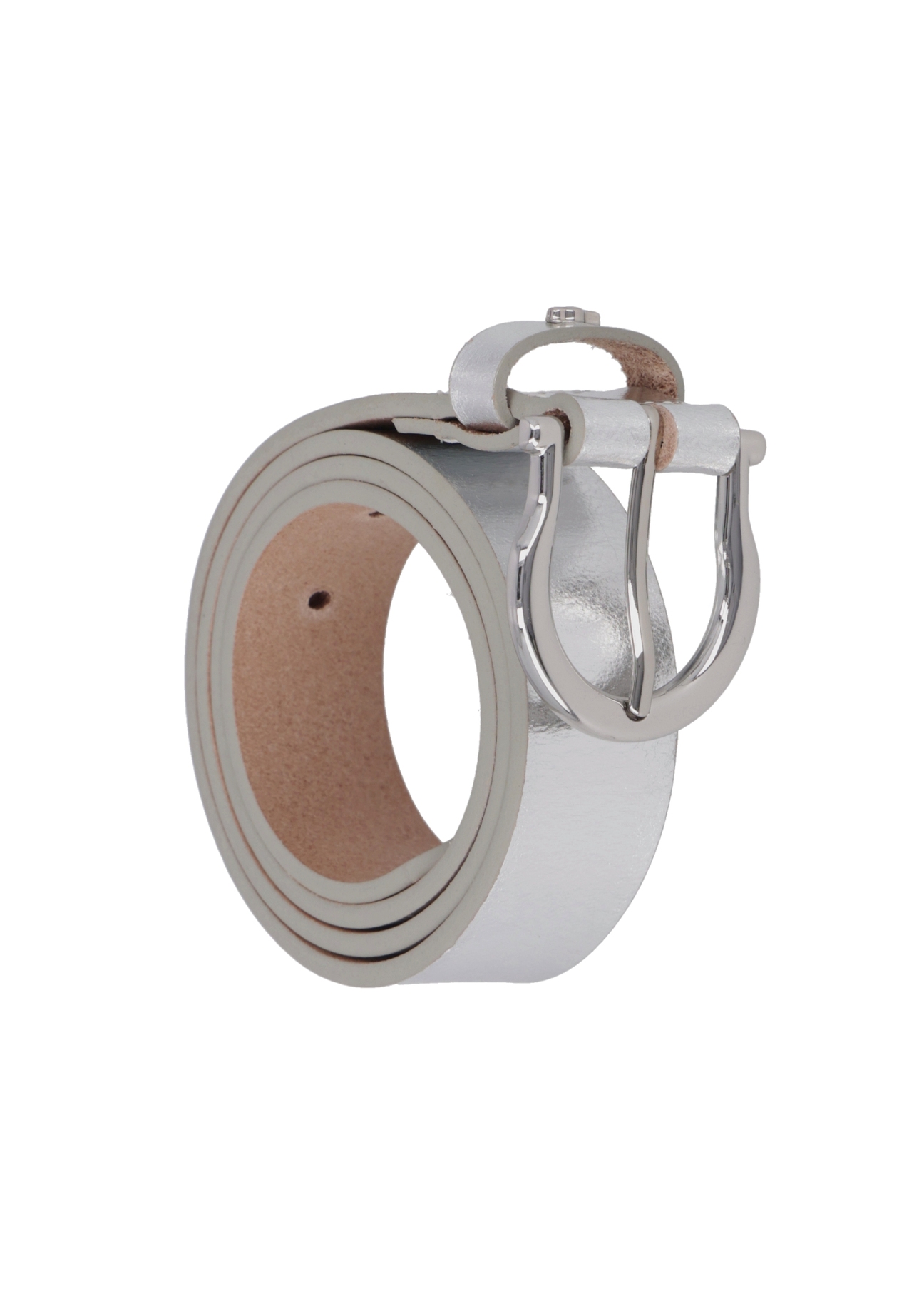Women's silver leather belt PASDS-0274-9X(Z26), diagonal product view on white background.